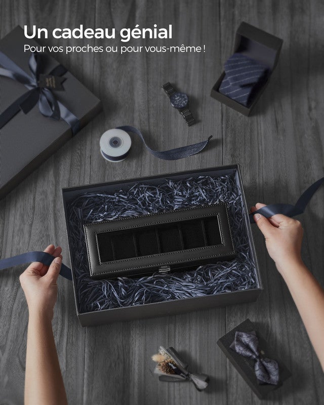 Boîte à Montres à 6 Emplacements, Écrin, Couvercle en Verre, Coussinets Amovibles, Serrure en Métal, Revêtement en Noir et Doublure en Noir - 7