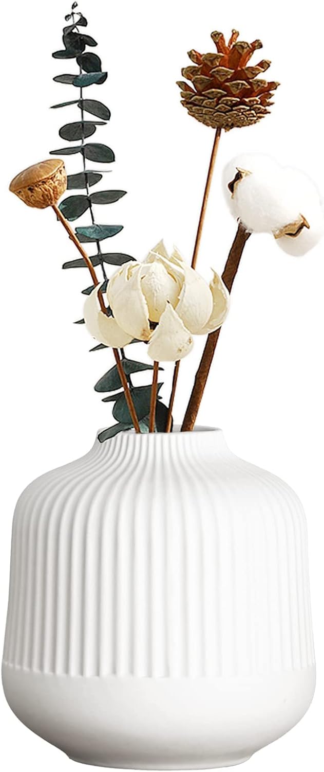Mały biały ceramiczny wazon, nowoczesny minimalistyczny żebrowany wazon na świeże kwiaty, suszone kwiaty, dekoracyjny wazon do salonu, biura i kuchni