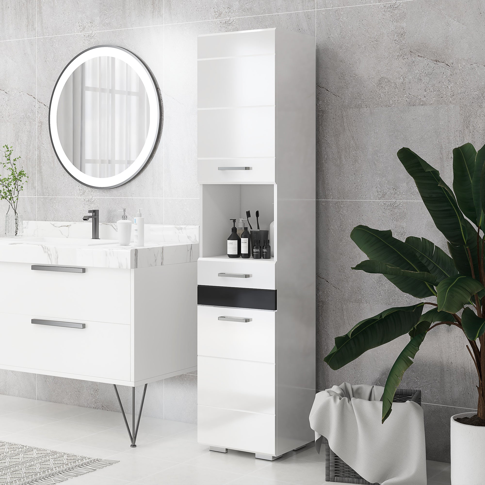 Mobiletto Colonna Per Bagno Kleankin - Con Cassetto, Armadietto E Ripiano, Dimensioni 30x30x105 Cm, Colore Bianco