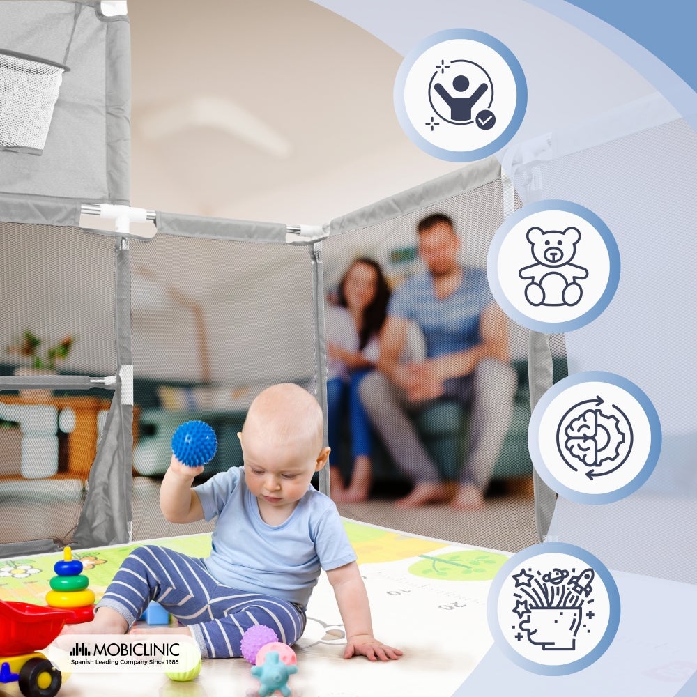 Parque infantil com tapete Mobiclinic Cercadinho bebé Tapete 128 x 233 cm Aros Cesto e rede de futebol Saco de transporte Kidland - 7