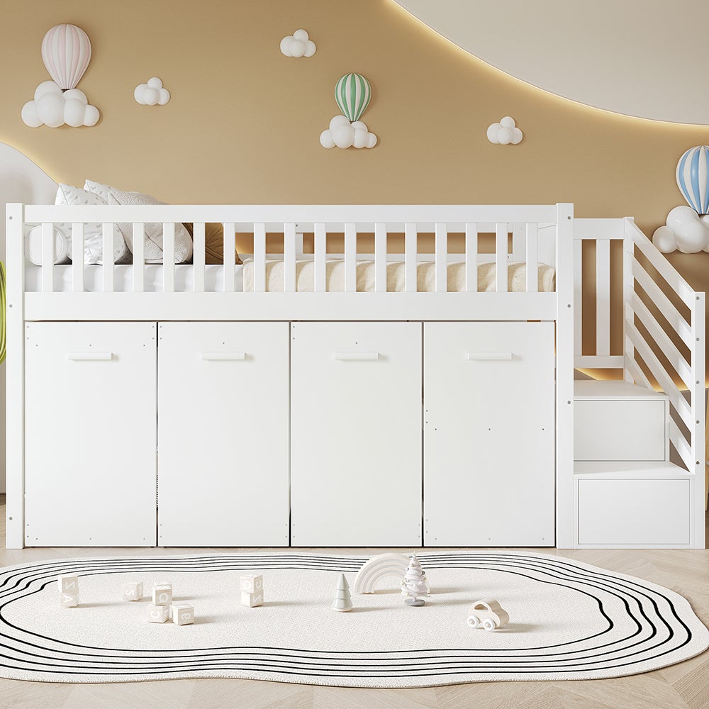 Lit Superposé Multifonction Avec Bureau, Tiroirs & LED - 90x200cm, Métal & MDF, Escalier, Garde-Corps (Sans Matelas)