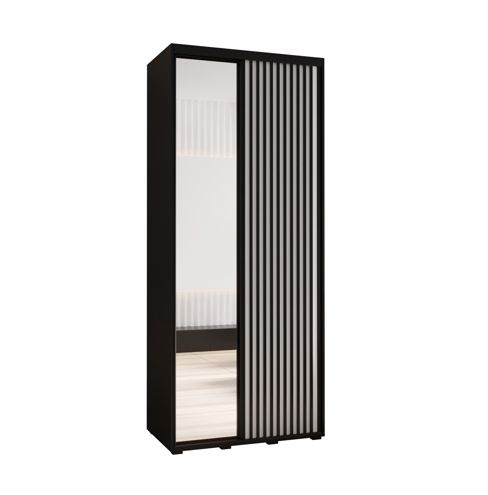 Szafa przesuwna z lustrem wysoka Lanko 2 110 x 60 x 235,2 cm czarny + biały + lamele czarny - Abiks Meble