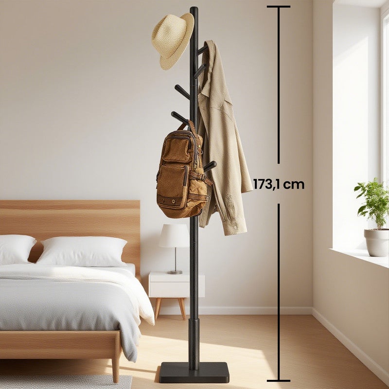 Portemanteau sur Pied en Bois avec 8 Crochets, 3 Hauteurs Réglables, pour Manteaux, Chapeaux, Sacs, Entrée ou Couloir, Bois d’Hévéa, Noir d’Encre - 5