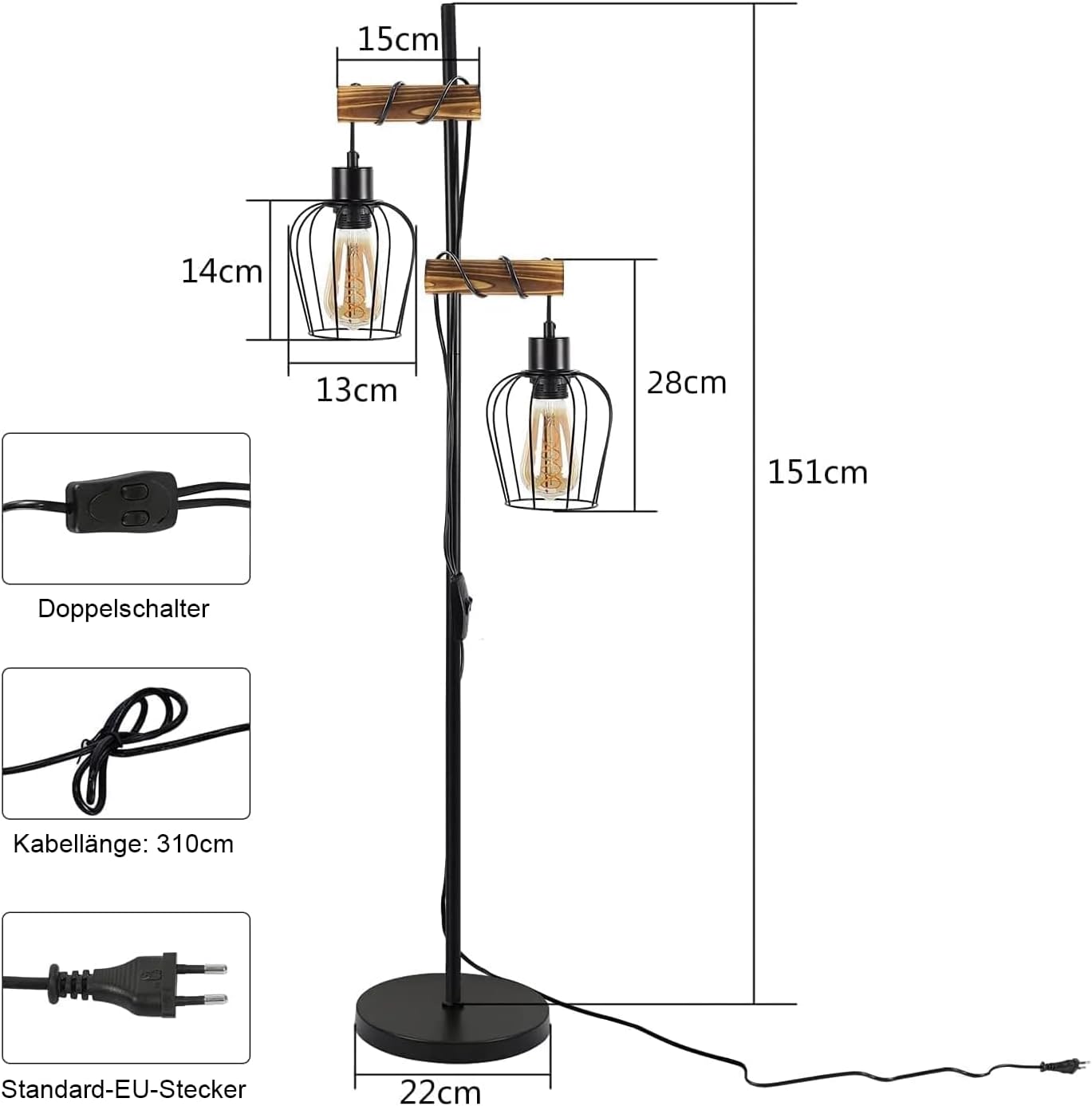 Nettlife Lampadaire en bois pour salon, noir - Lampadaire en métal au design industriel vintage avec 2 lumières, douille E27, (ampoules non incluses) - 5