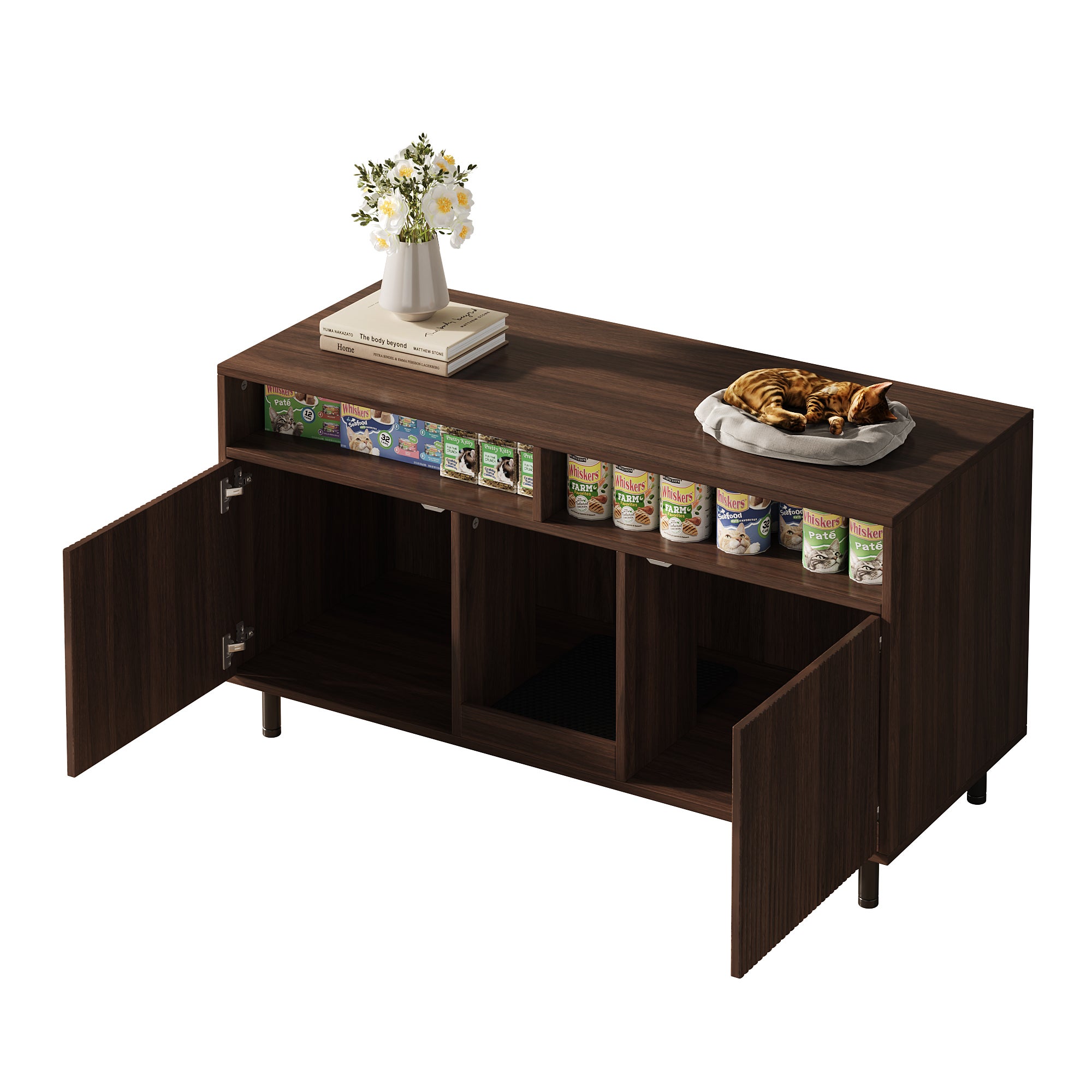 Meuble Litiere Chat avec 2 portes et 2 tiroirs, buffet - 120 x 50 x 66 cm - MDF - Noyer - 8