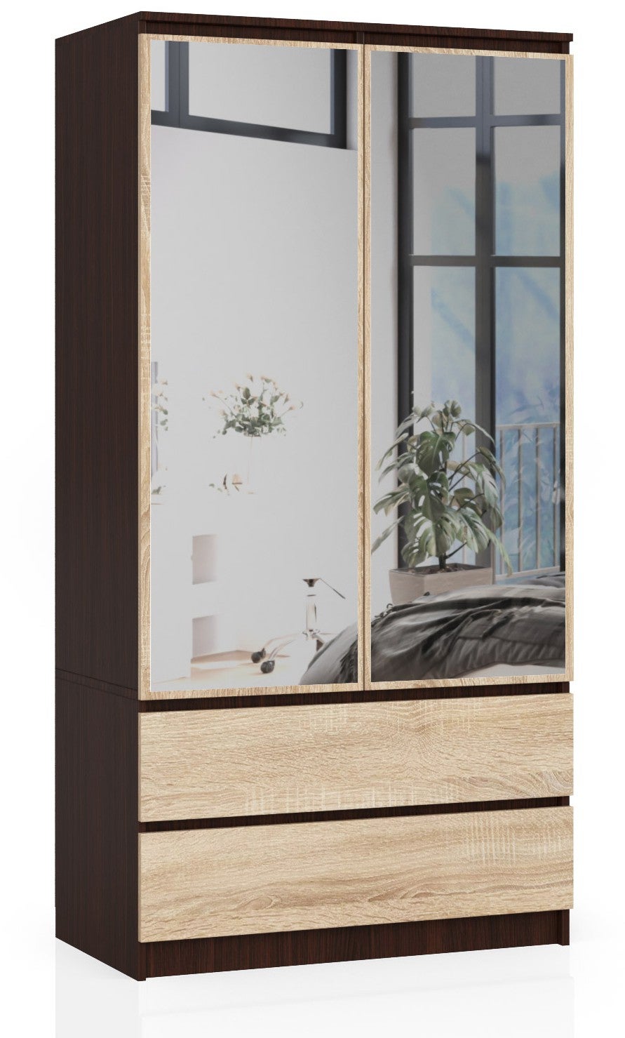 Szafa AKORD S90 Wenge 90 cm z lustrem 2 drzwi 2 szuflady kolor Dąb Sonoma mat 4 półki 90x51x180 cm