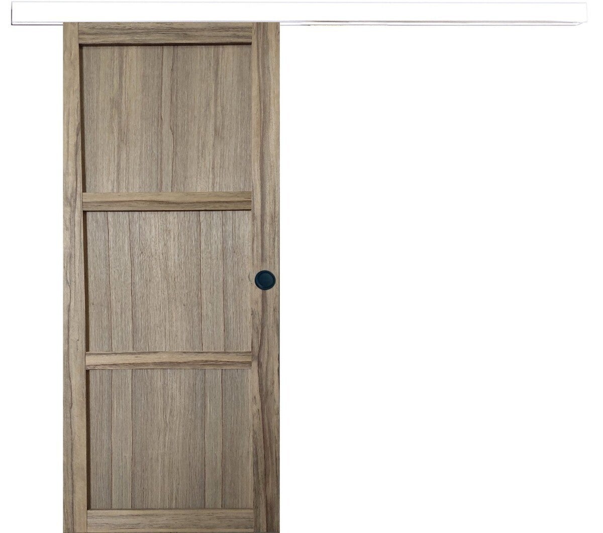 Puerta corredera frake 3 paneles al.204 x l83 + carril de aluminio blanco y 2 carcasas negras sin manilla