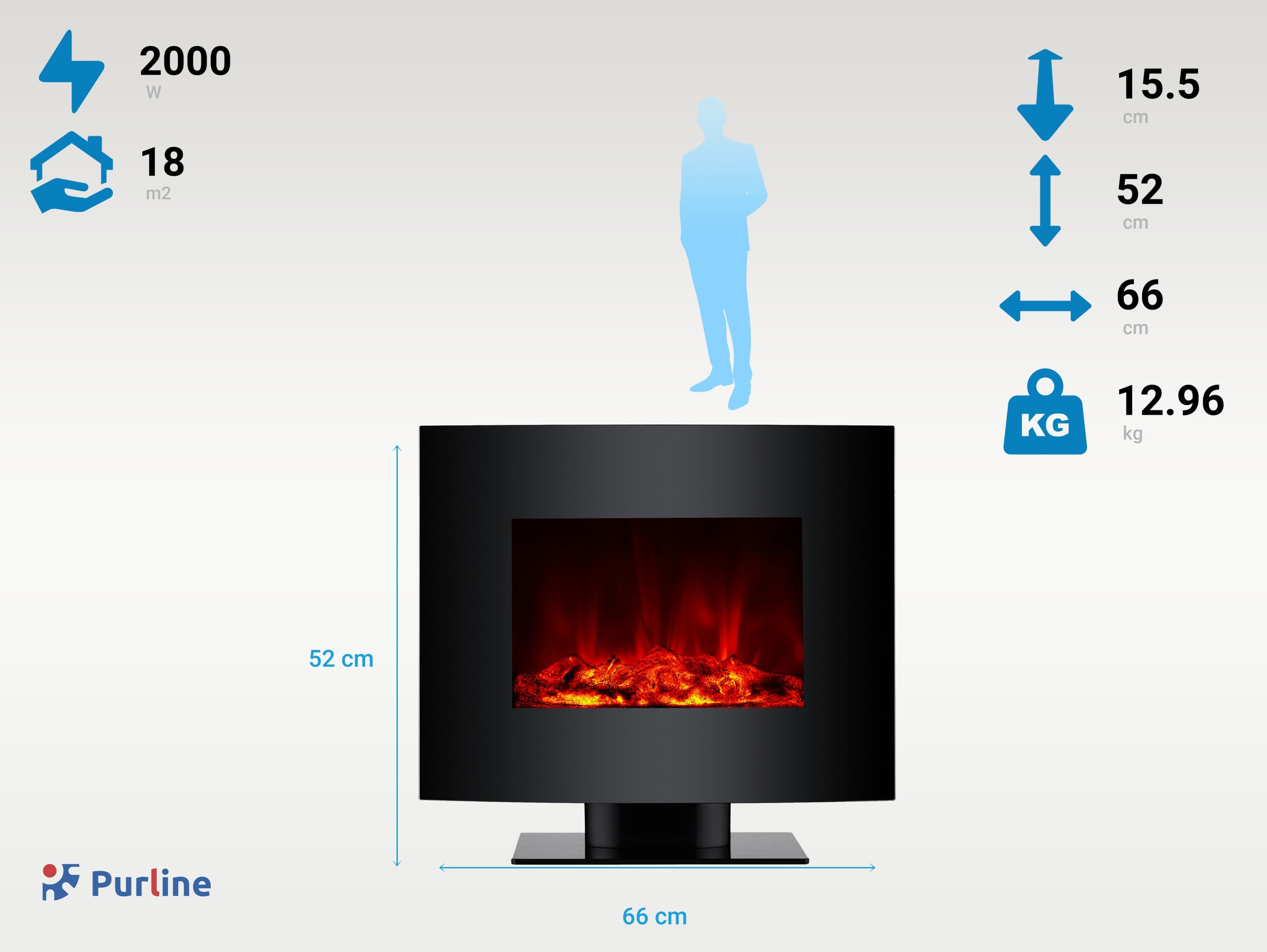 Cheminée électrique 2kW verre trempé noir avec télécommande - 4
