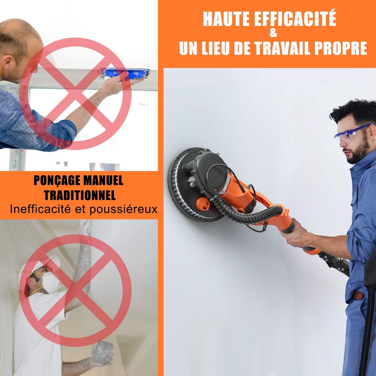 Ponceuse Girafe Murale 750W pour Mur et Plafond, 12 Disques Abrasifs Ø225MM, 6 Vitesses à 1500RPM, 80 Lumières LED, Manche Télescopique - 8