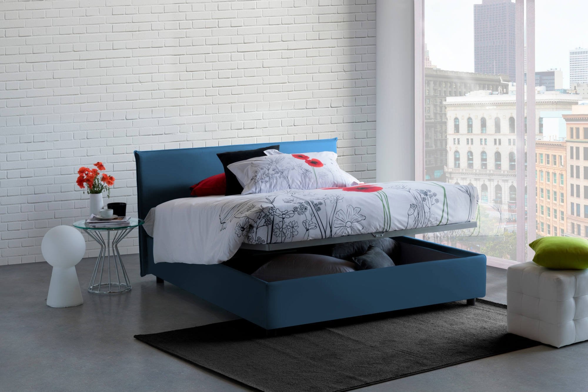 Lit double Made in Italy, matelas déhoussable inclus, avec rangement, bleu - Anassimène - 6