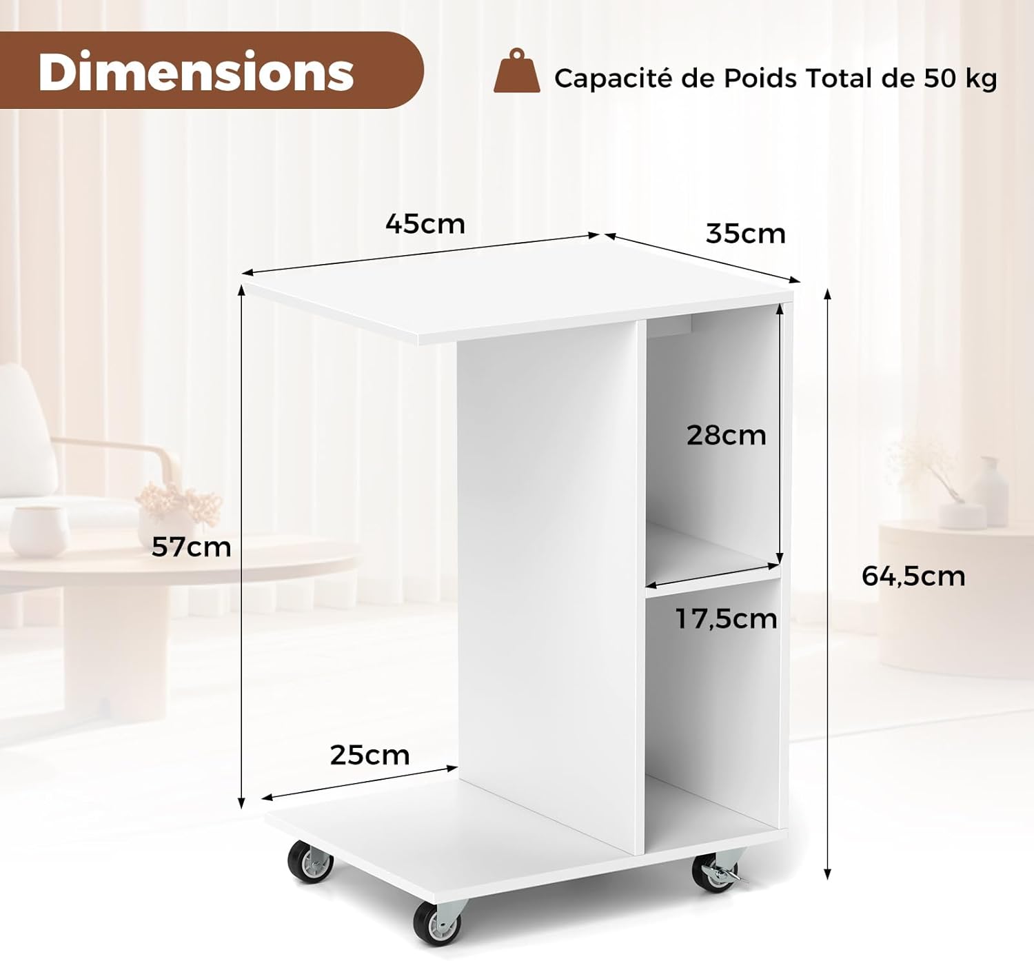 Tavolino a Forma di C con Ruote, Tavolino Laterale da Divano con 2 Cubi di Stocaggio, Tavolino da Caffè Salvaspazio, per Camera da Letto, Sogg - 3