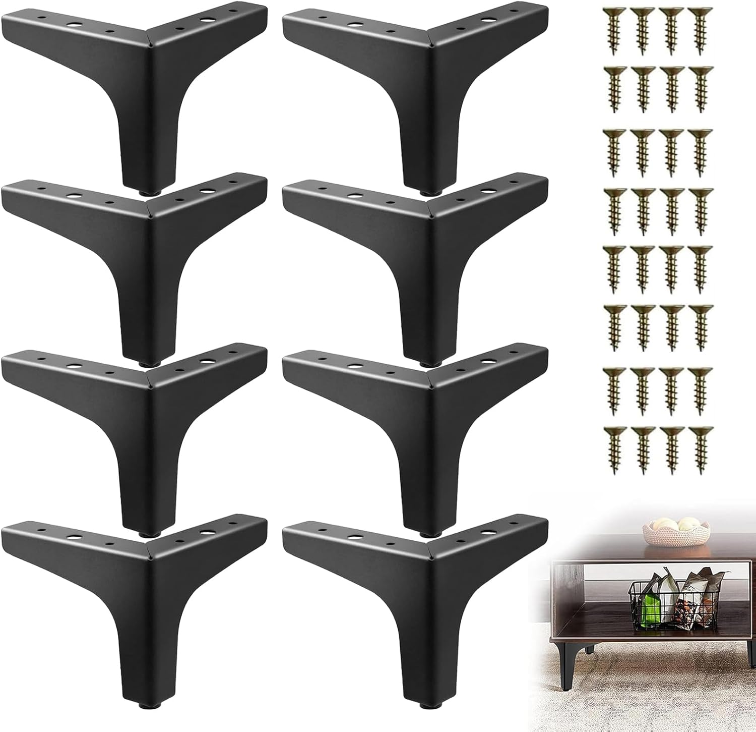 Set de 8 suporturi de mobilă din metal negru, 10 cm, bază triunghiulară cu șuruburi, potrivite pentru canapea, dulap, comodă, bufet, noptieră 8buc