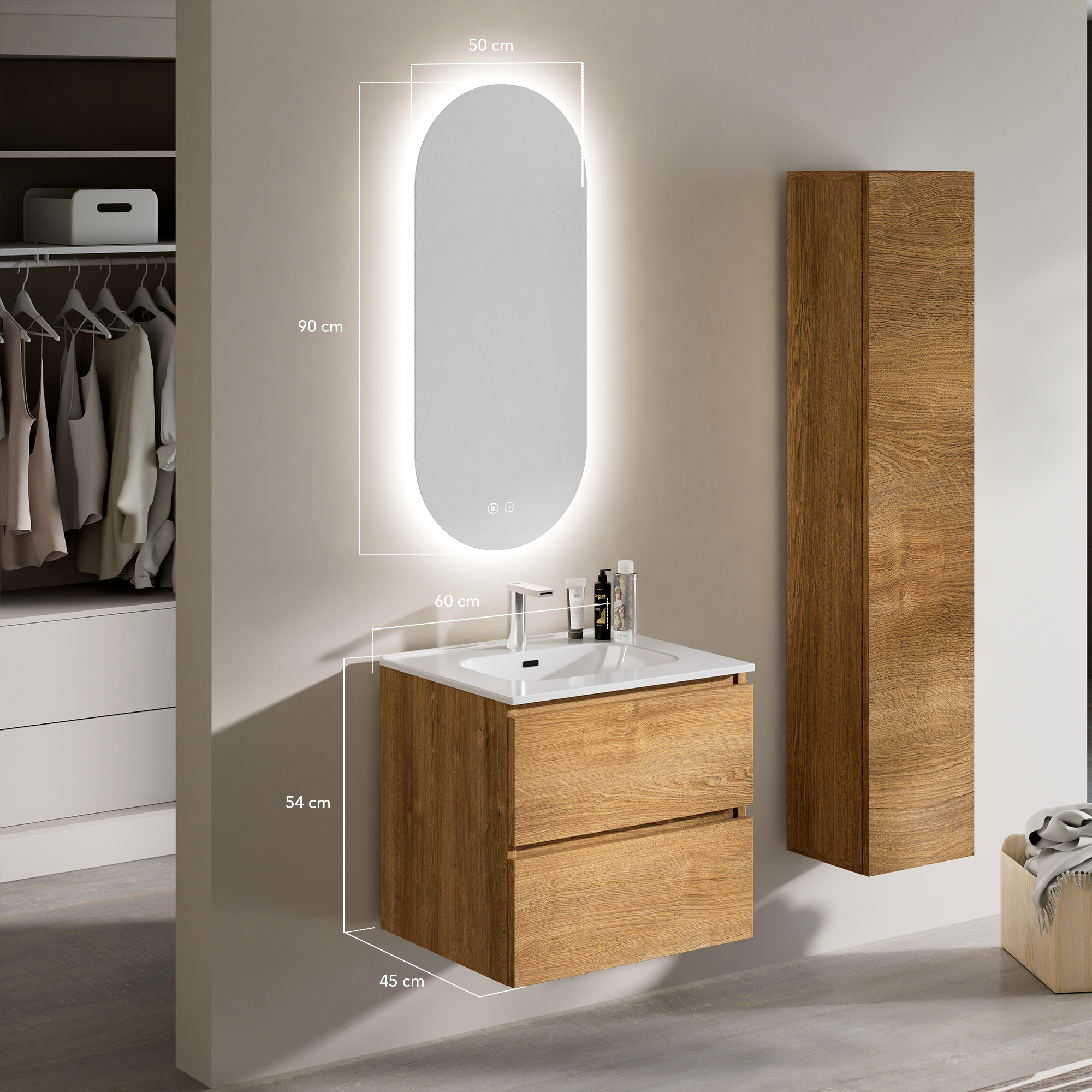 Feel Your Bath, Meuble De Salle De Bain PANTER Marron 60 cm, 2 Tiroirs, Vasque Céramique Intégrée Et Miroir Ovale LED Antibuée - 3