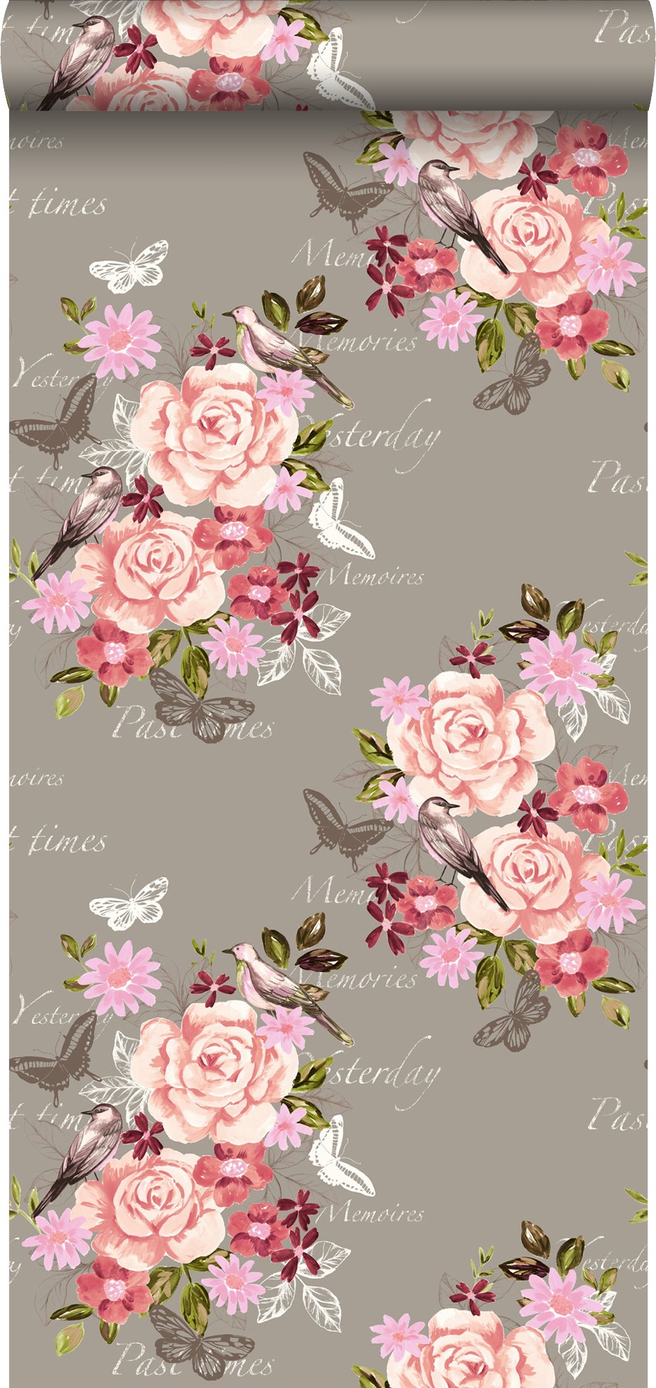Papel pintado flores y pájaros marrón sepia - 53 cm x 10,05 m - estahome