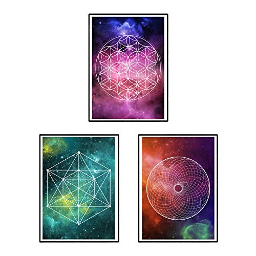 Set de tres láminas mandalas espaciales. tamaã±o a3. set 4 marco madera clara a4