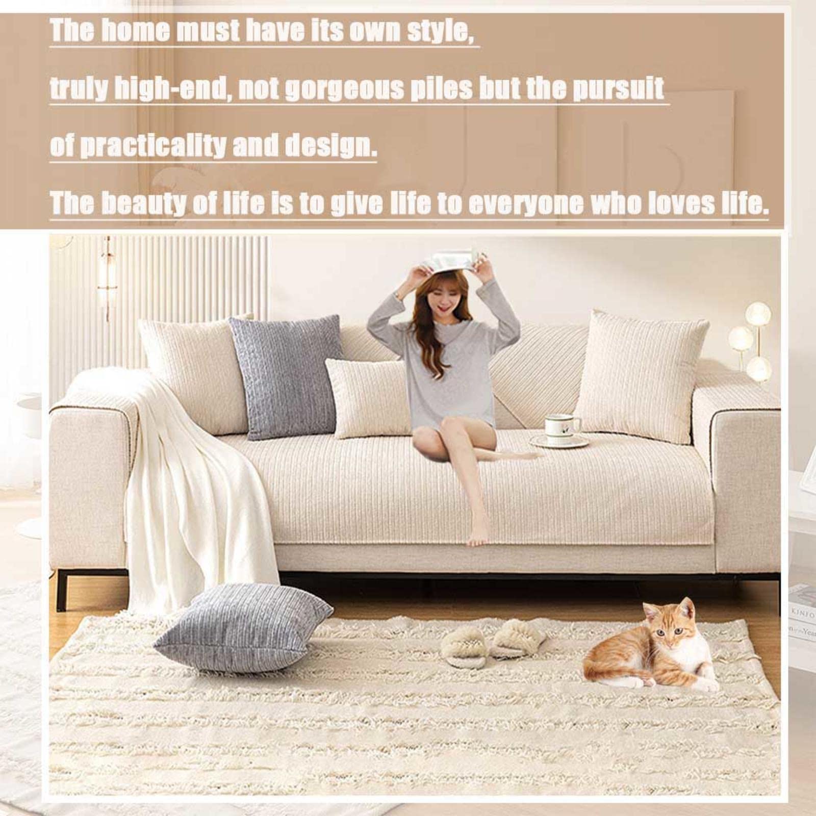 Cuscino antiscivolo per divano, cuscino antiscivolo per divano, antisporco, protezione antigraffio per gatti, beige, 70 x 180 cm - 6