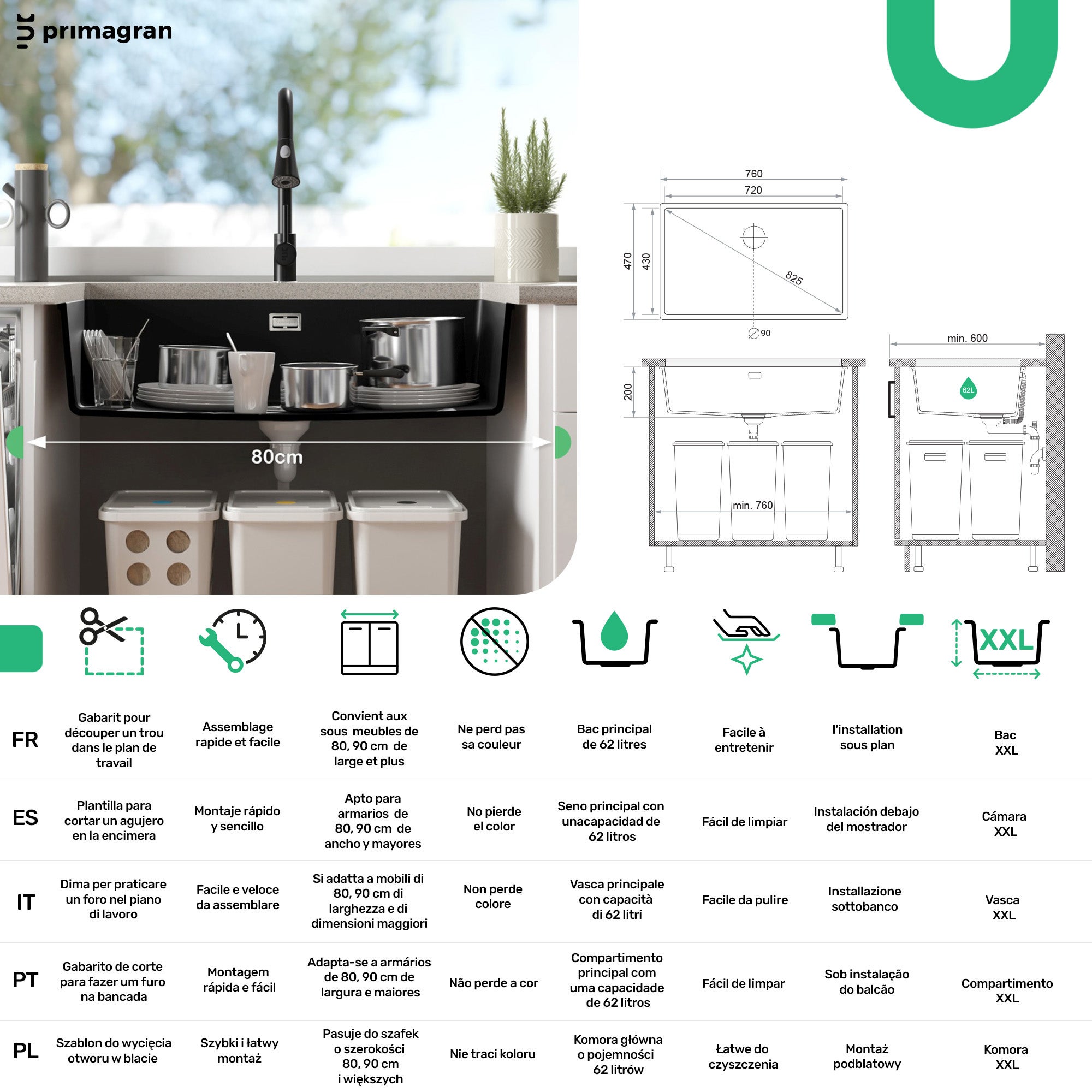 Lavandino sottotop Bianco 76x47cm, Lavello in Granito a 1 vasca + Sifone Classico + Accessori, Lavabo da Cucina al mobile 80cm - London PRIMAGRAN - 6