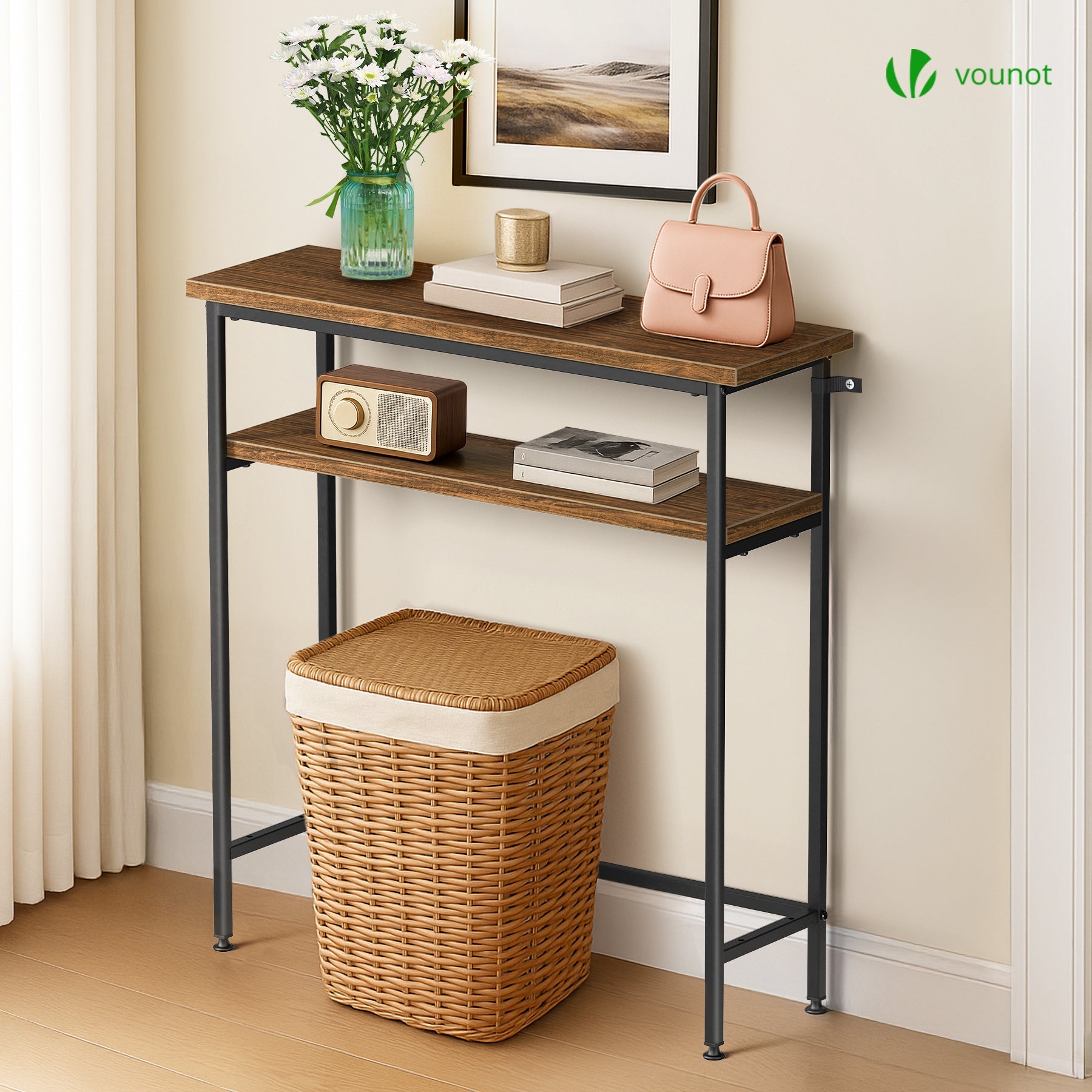 Console table 2 niveaux style industriel en metal et MDF 80x24x80 cm Marron VOUNOT® - 2