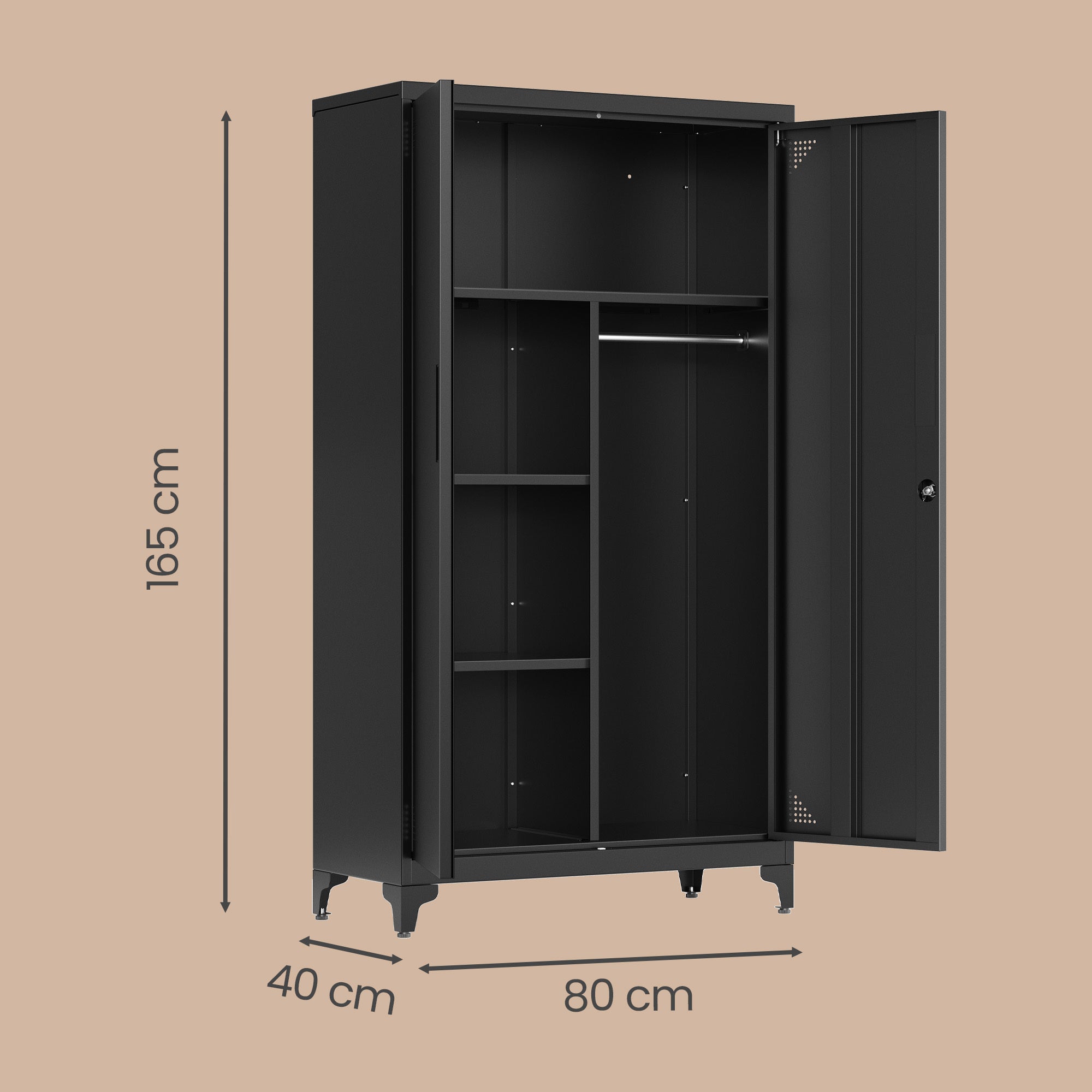 Armoire Métallique avec Tringle, 2 Portes, 5 Compartiments, Verrouillable, Pieds Hauts, Noir - 5