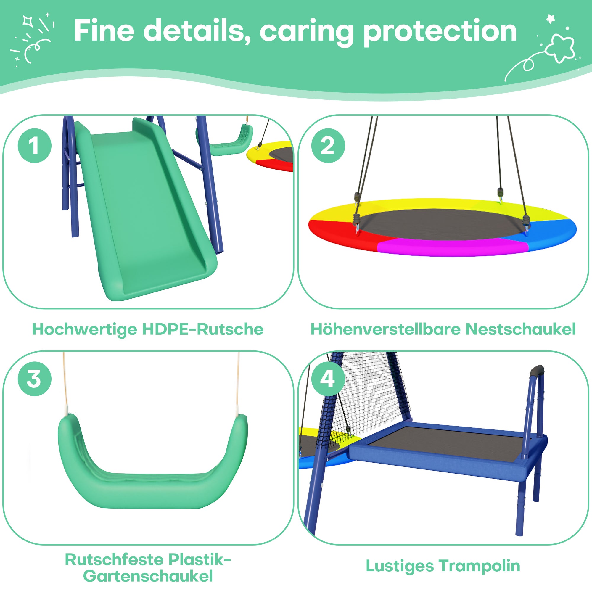 Aire de jeux portique en acier avec oboggan, trampoline, nid d'oiseau - 335 x 198 x 183 cm - Bleu antique - 8