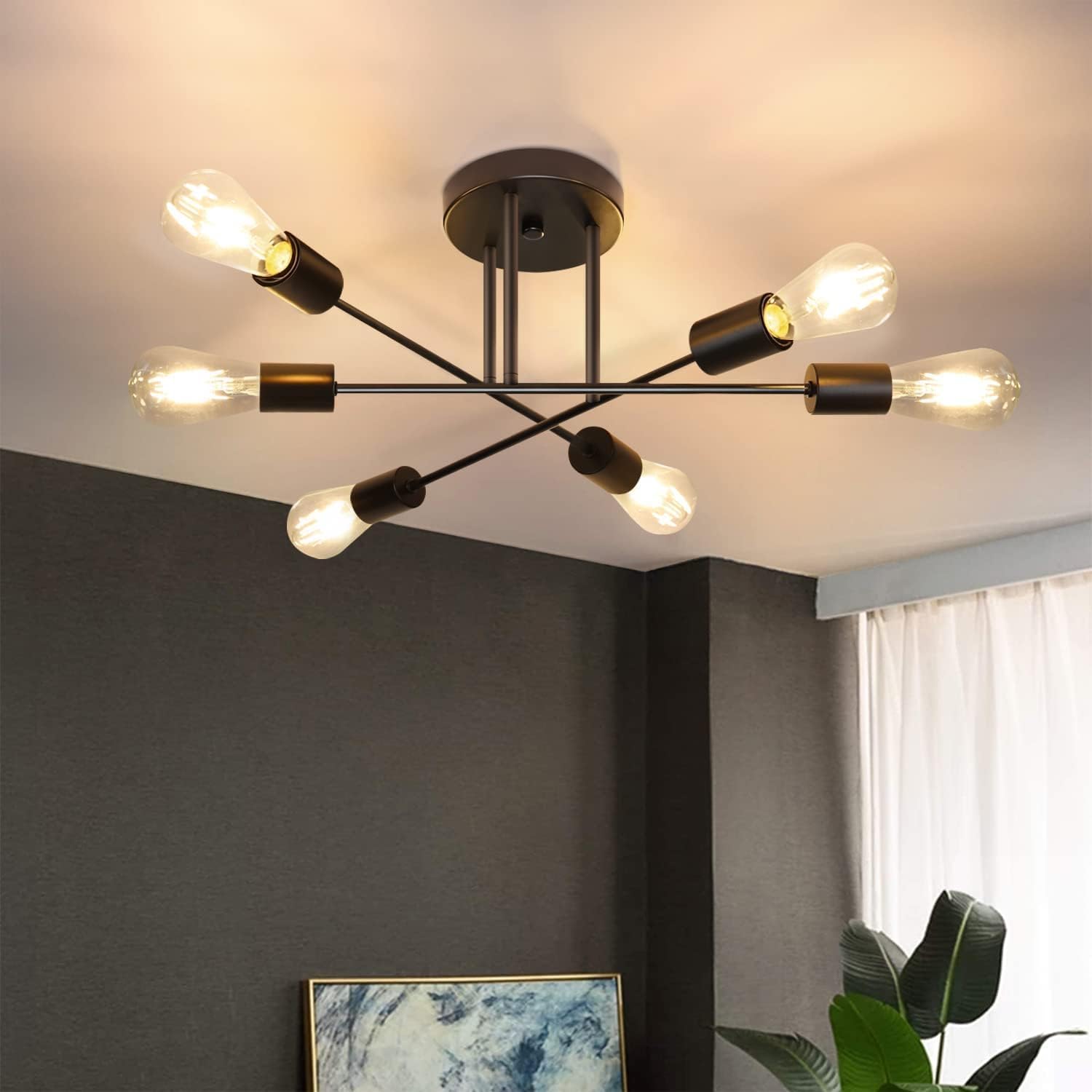 Nettlife Candeeiro de teto do vintage 6 lâmpadas industrial sala estar e27 preto lustre retro quarto lâmpada estilo rústico candeeiro mesa jantar - 2