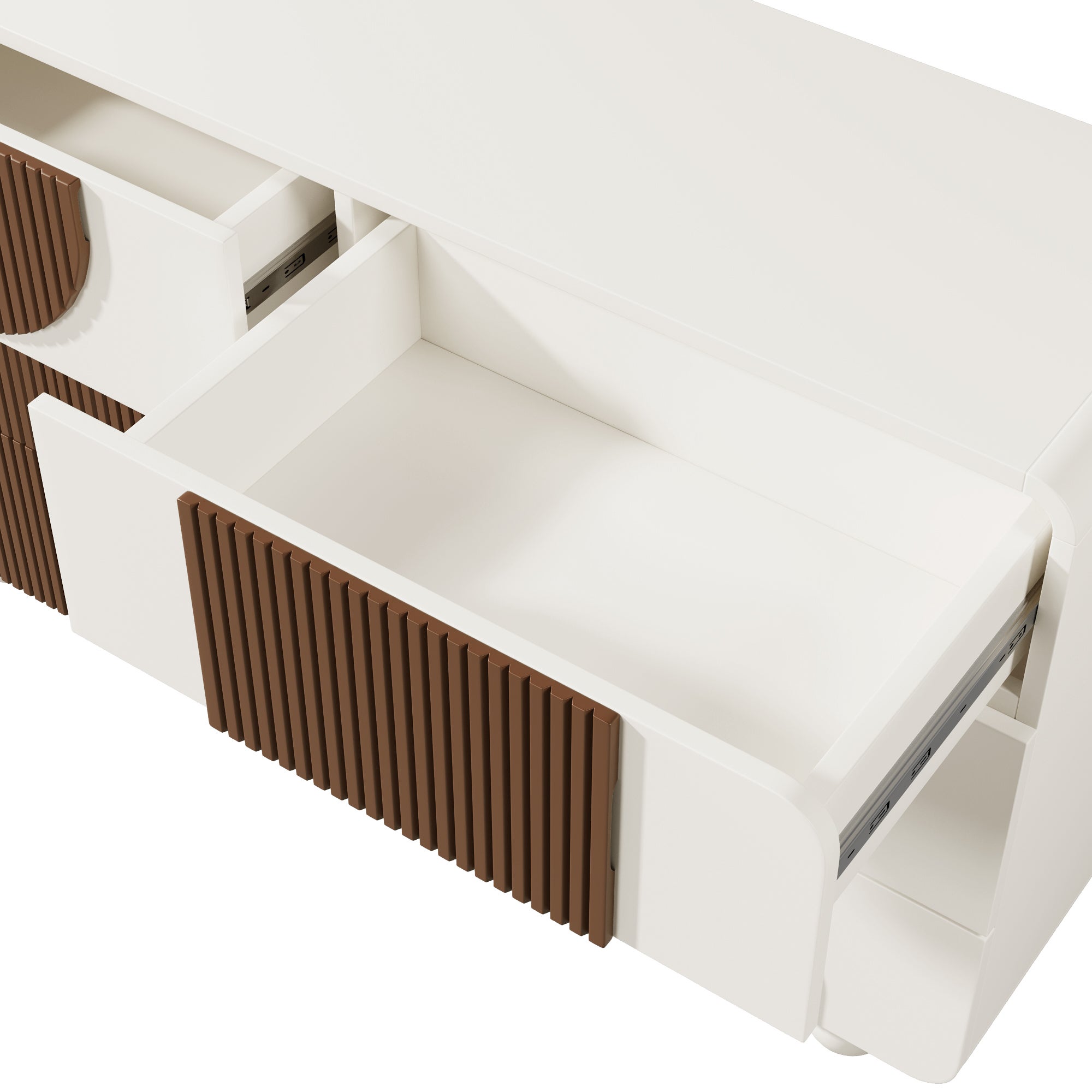 Buffet moderne 121x41x71cm - avec 6 tiroirs coulissants silencieux - conception géométrique - avec des lattes en bois marron chocolat - Blanc + Marron - 9