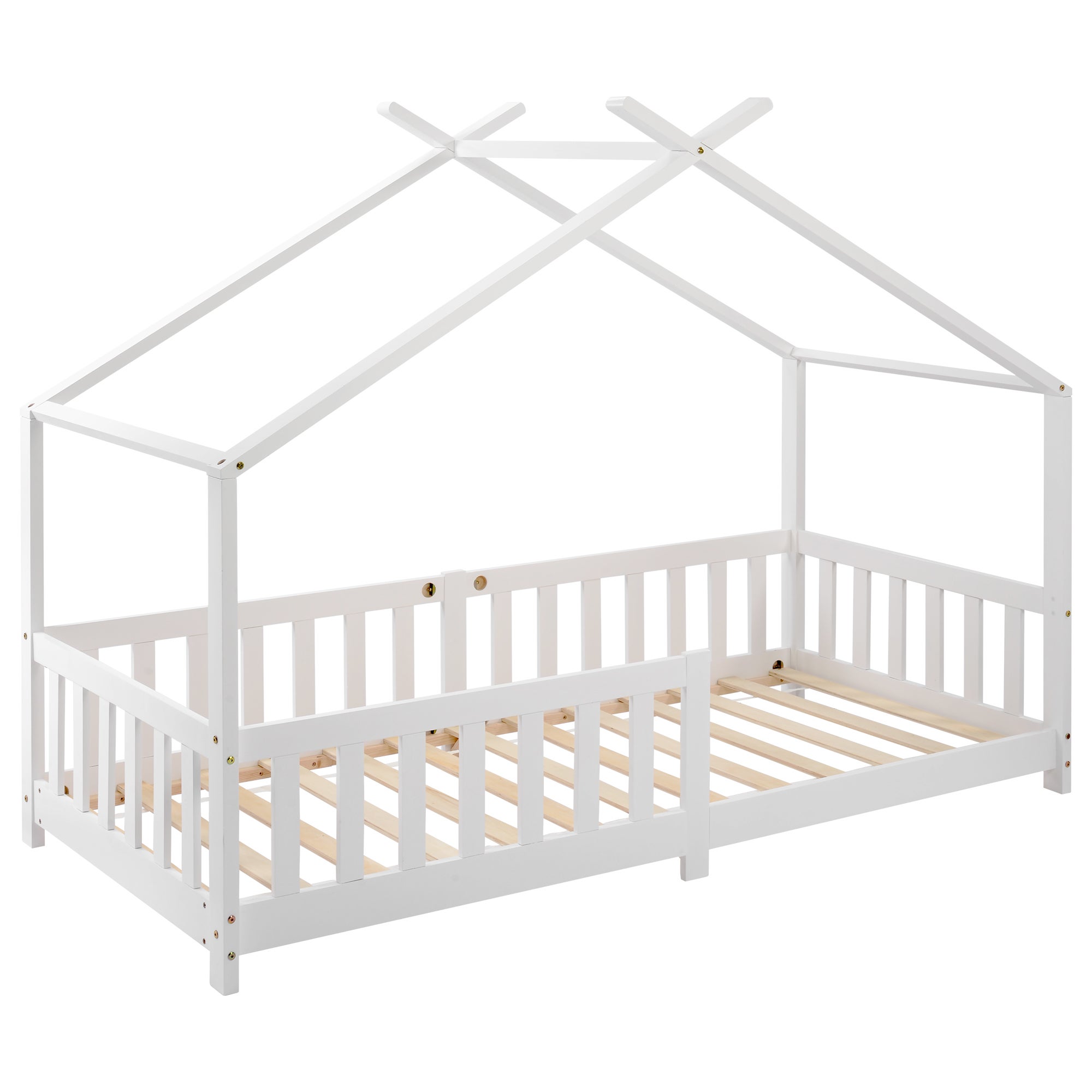 Letto a capanna per bambini 90x200 cm in legno massello con protezione anticaduta e rete a doghe - Bianco - 8