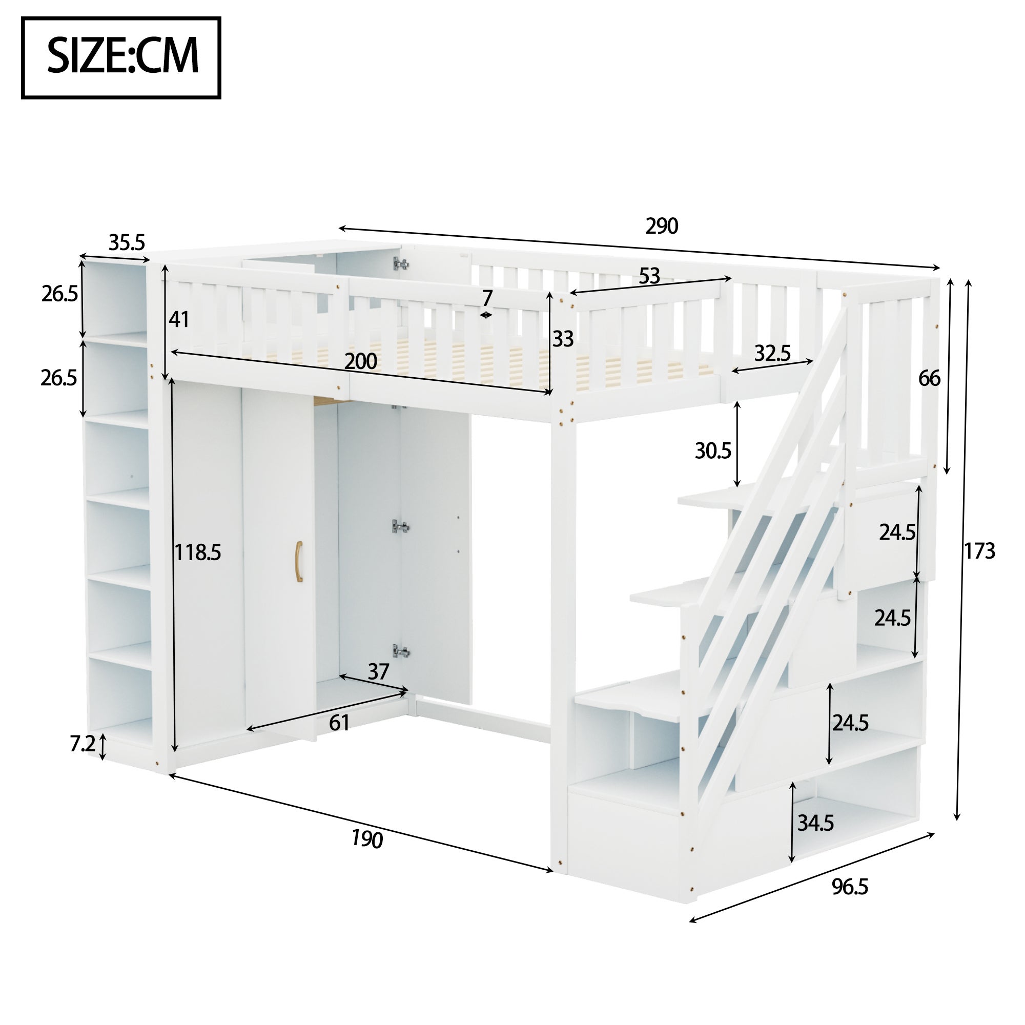 Łóżko na antresoli 90x200 cm - z półkami - z przegródkami i szafkami - z drabinką - biały (materac nie jest wliczony w cenę) - 6