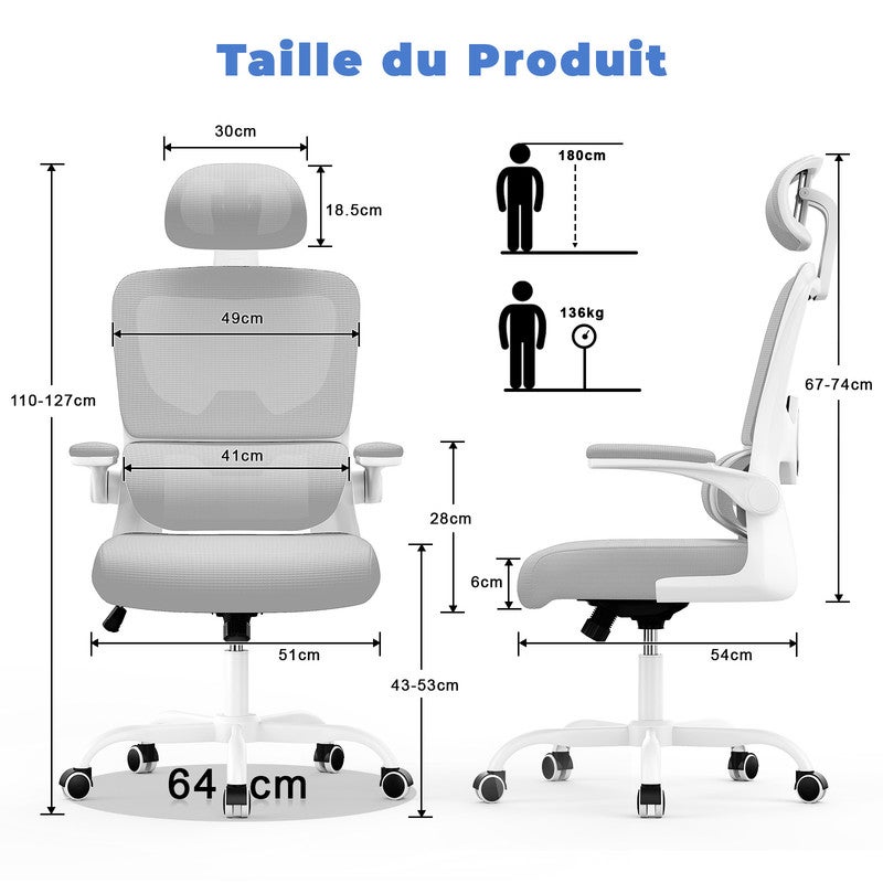 Chaise de Bureau Ergonomique - RATTANTREE Fauteuil - avec accoudoir rabattable à 90° - Support Lombaire - Réglable en hauteur Gris - 4