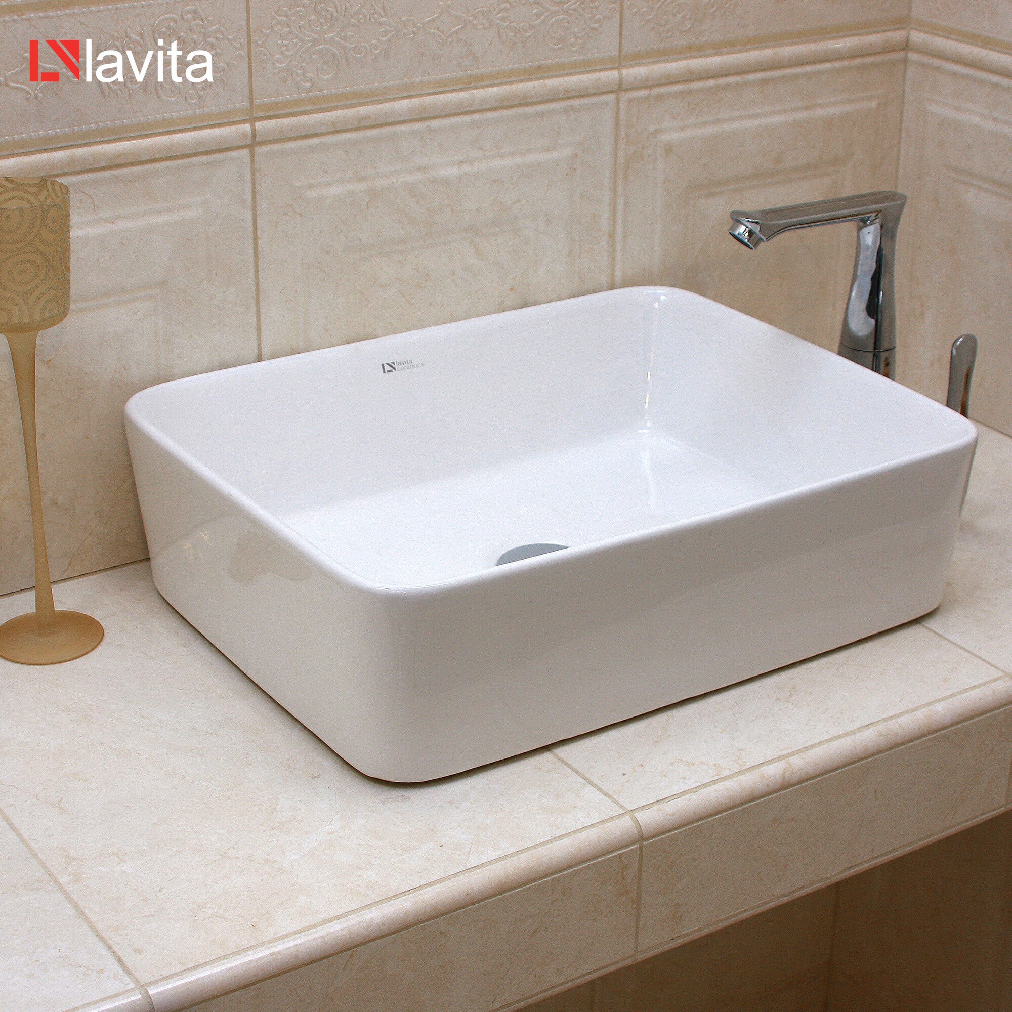 Vasque à poser LAVITA |Vasque à poser élégante et compacte|Produit en porcelaine de haute qualité |rectangulaire| 49x38x13,5 cm | Blanc brillant - 4