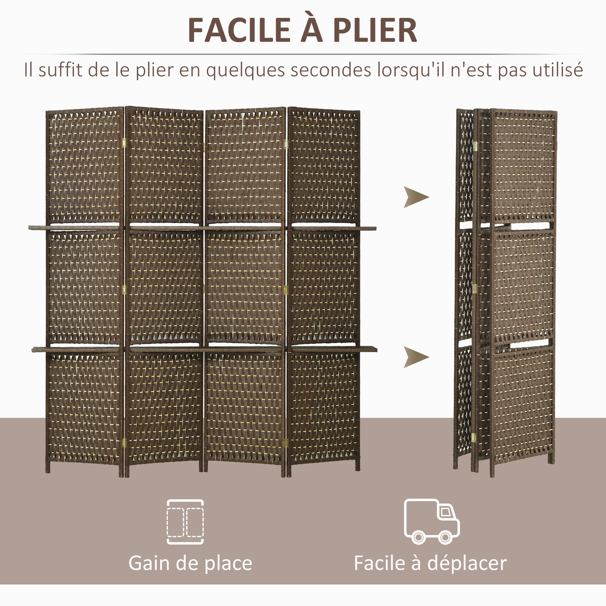 Paravent intérieur séparateur pièce 4 panneaux 2 étagères bois pin tressée fibres papier 181x180 cm marron - 6