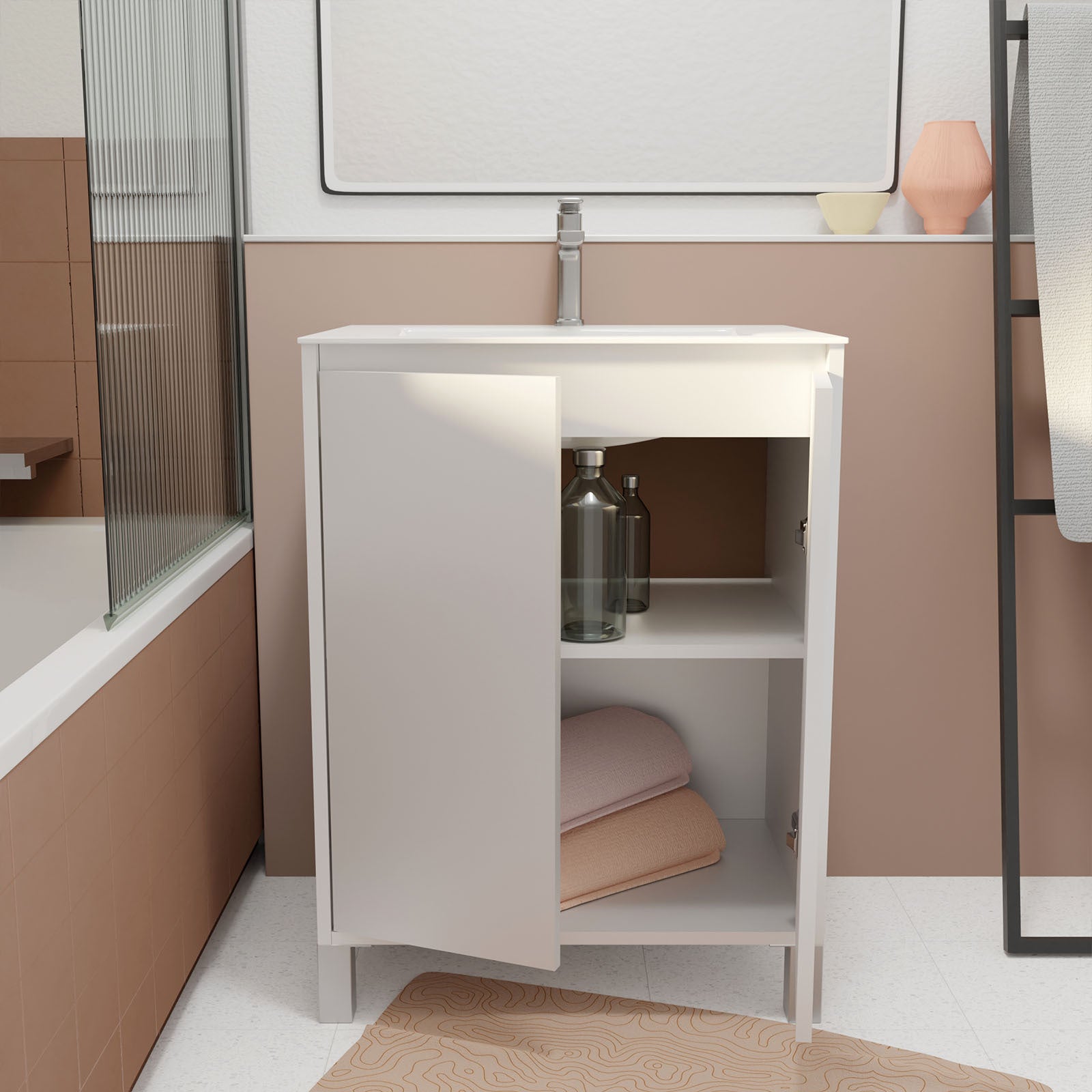 Pack Meuble Salle de Bains 60cm Laqué Blanc 2 portes avec Vasque Céramique Blanche - XENOS - 2