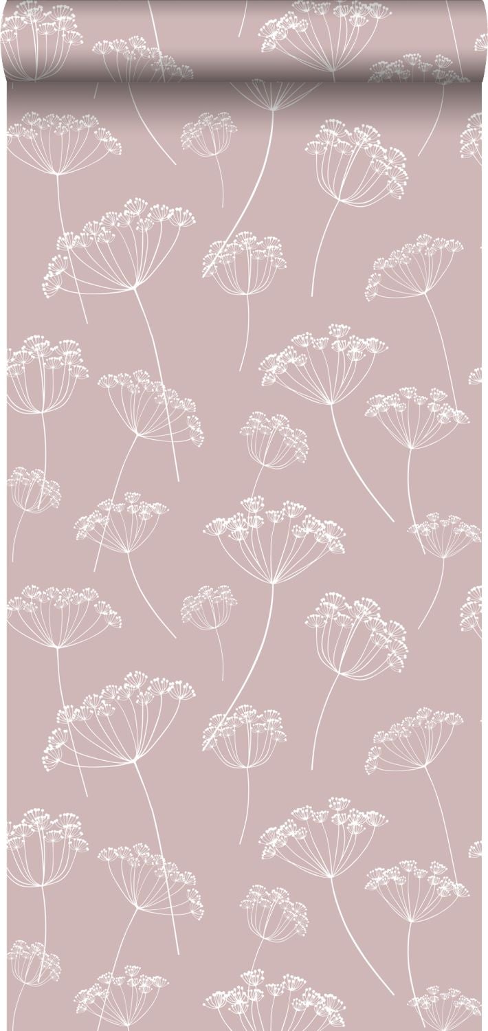 Papel pintado umbelas rosa viejo y blanco - 0,53 x 10,05 m - estahome