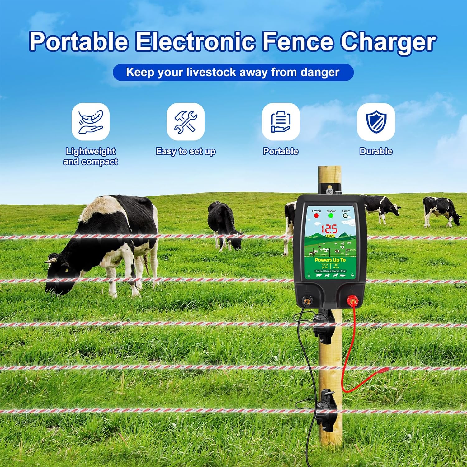 Clôture Électrique 10KM 2J - Électrificateur Puissant Écran LCD Étanchéité IP44 Pour Animaux Ferme Jardin Pâturage