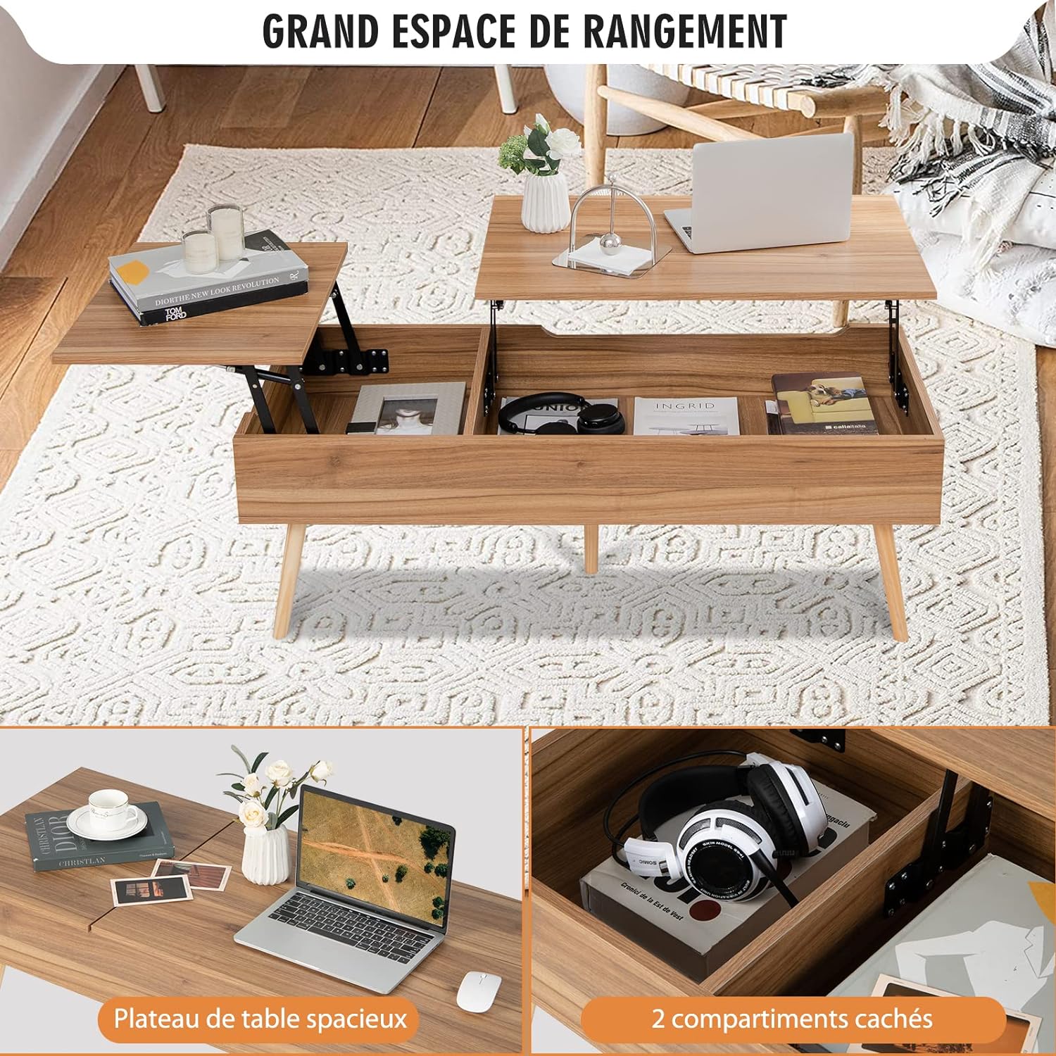 Table Basse Relevable-145x74,5x57cm-2 Plateaux Relevables Séparés-2 Compartiments Cachés-5 Pieds en Bois Solide- Style Moderne-Noyer - 3