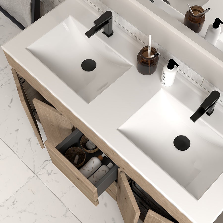Meuble de salle de bain 120cm double vasque sans miroir sur pieds avec portes et tiroirs - cambrian (chêne clair) - HARO - 2
