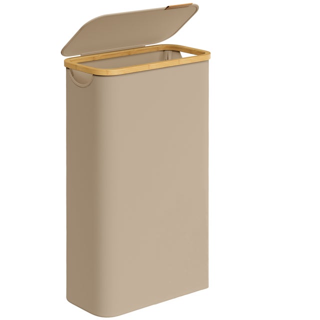 Cesto de Ropa Sucia con Tapa, Cesta Ropa Sucia Delgada, 65 L, Ahorra Espacio, Asas Bambú, Plegable, 42 x 22,5 x 70,5 cm, Marrón Camello