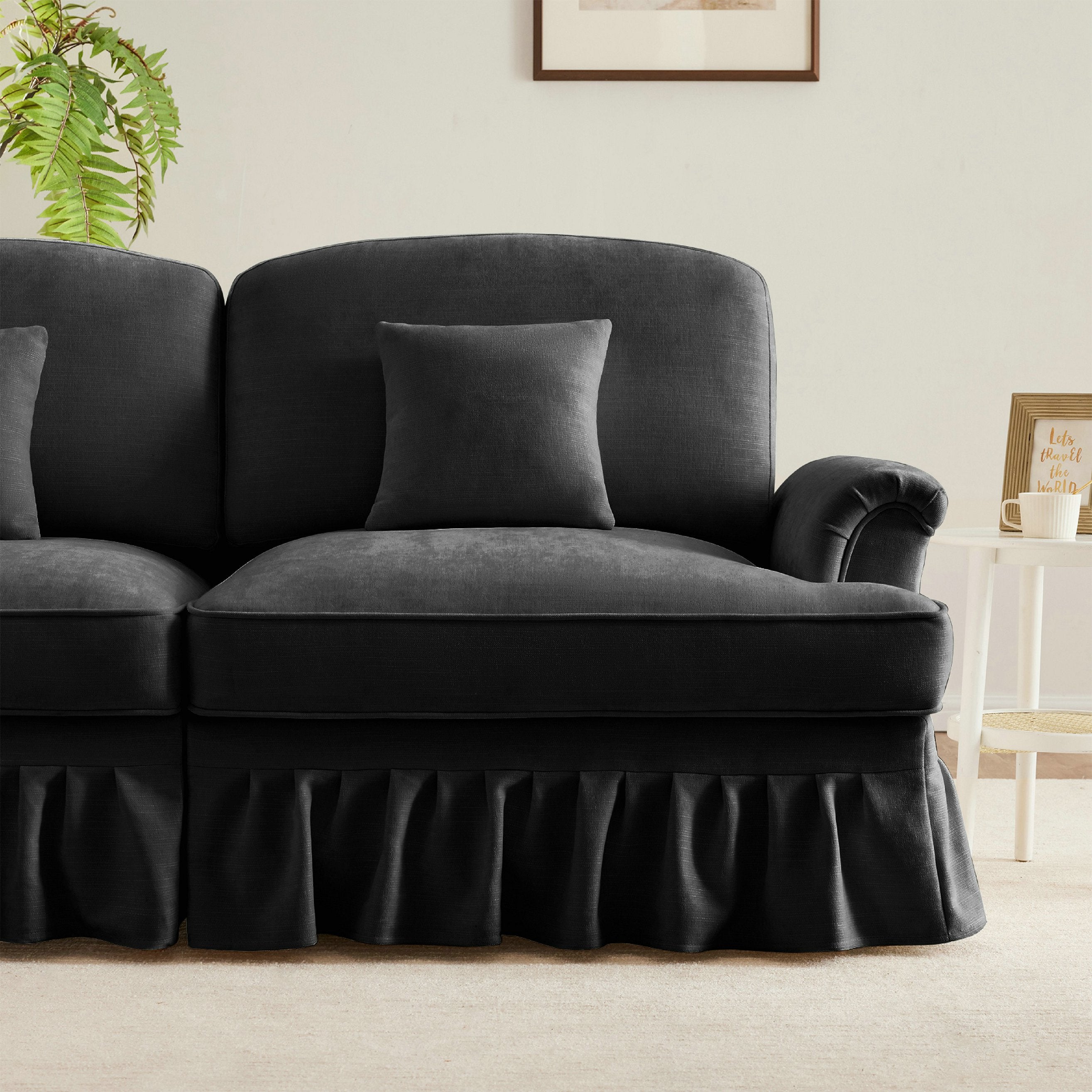 Canapé 3 places élégant style Mid-Century - avec accoudoirs évasés - jupe à volants amovible - en chenille confortable - noir - 6