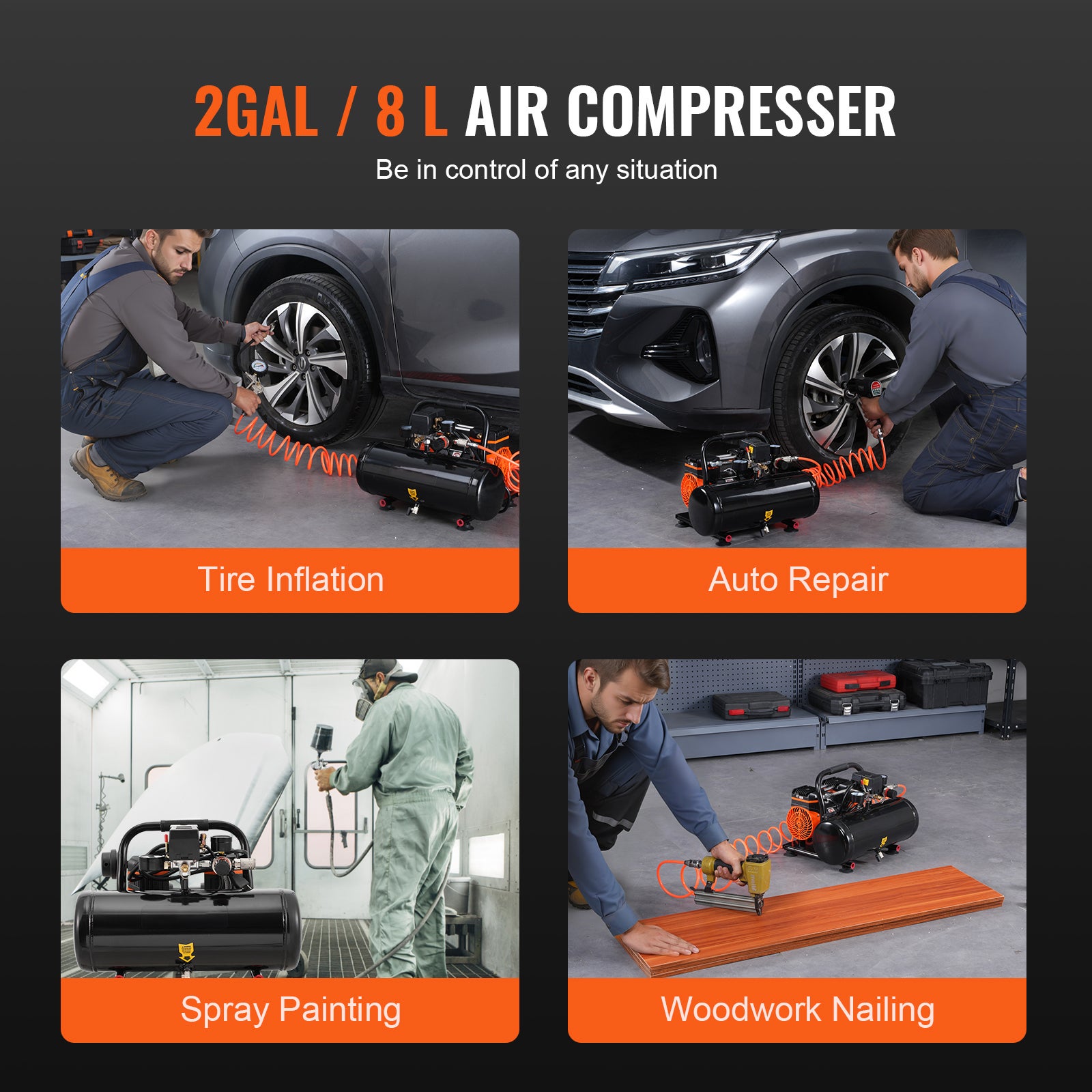 Compresseur d'air SucceBuy 2 gallons,sans huile 1HP,2,5 CFM à 8 Bar,pression max 120 PSI,ultra silencieux 81 dB,portable - 8