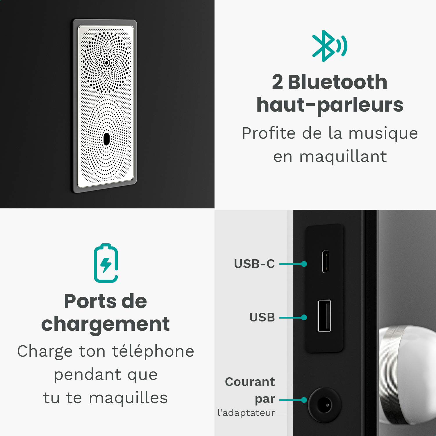 Miroir Maquillage LED Mirlux - Double Face 1x/5x - 3 Lumières - Bras Flexible - Rechargeable USB - Mur Ou Table