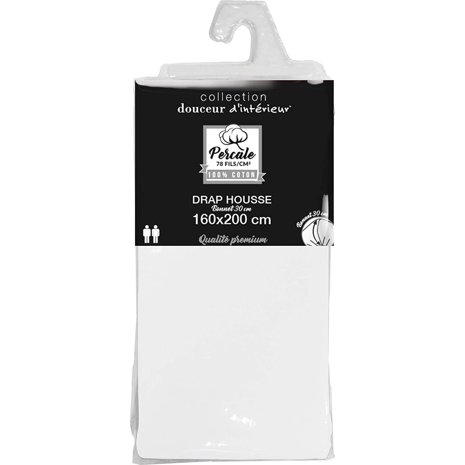 Lot de 2 Draps housse blanc 160 x 200 cm en percale bonnet de 30 cm - 3