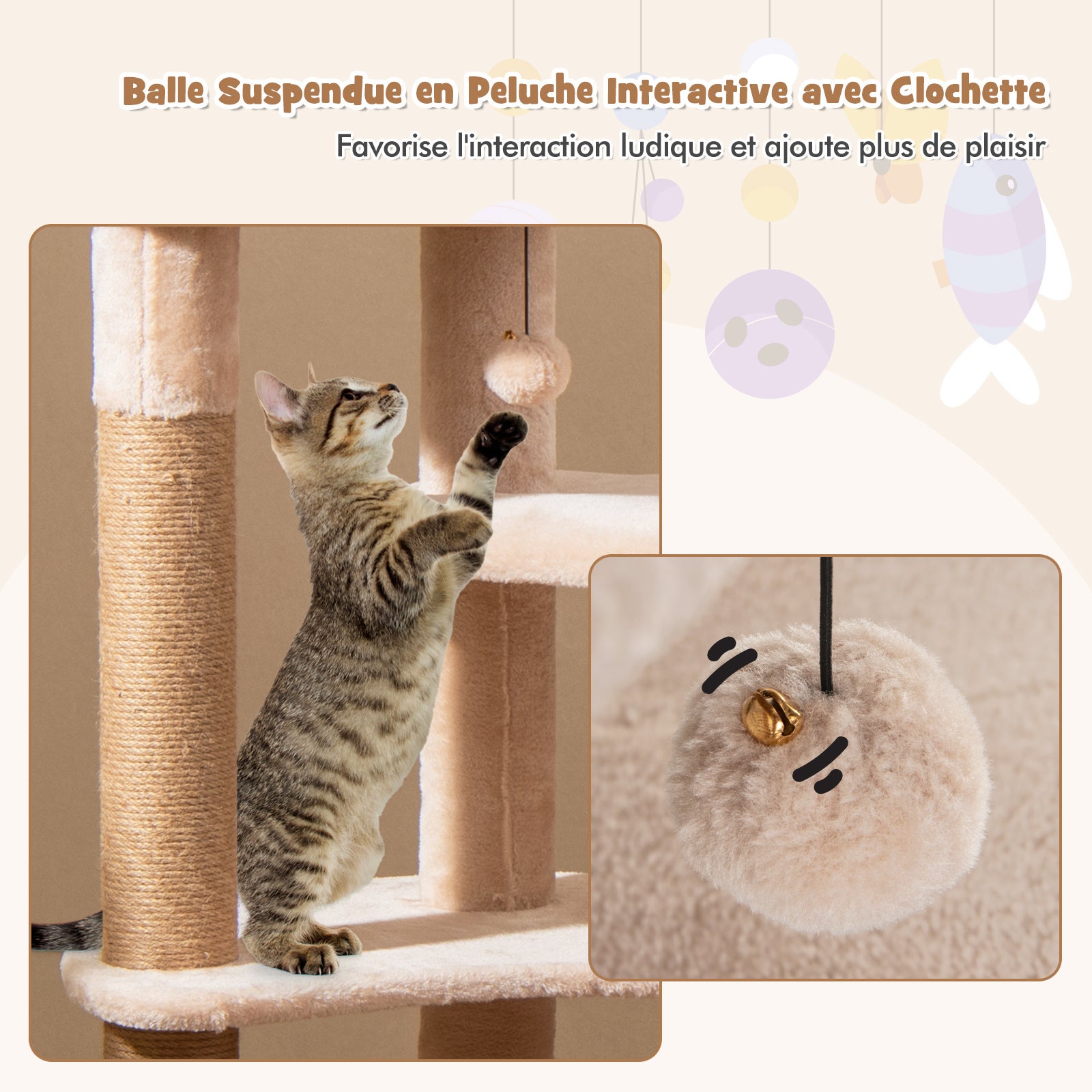 Arbre a Chat Bois 164 cm, 3 Griffoirs Chat en Jute, 5 Plateformes, Quenouille Tressée, Coussins Amovible, 2 Pompons, Tour pour Chat à 6 Étages - 7