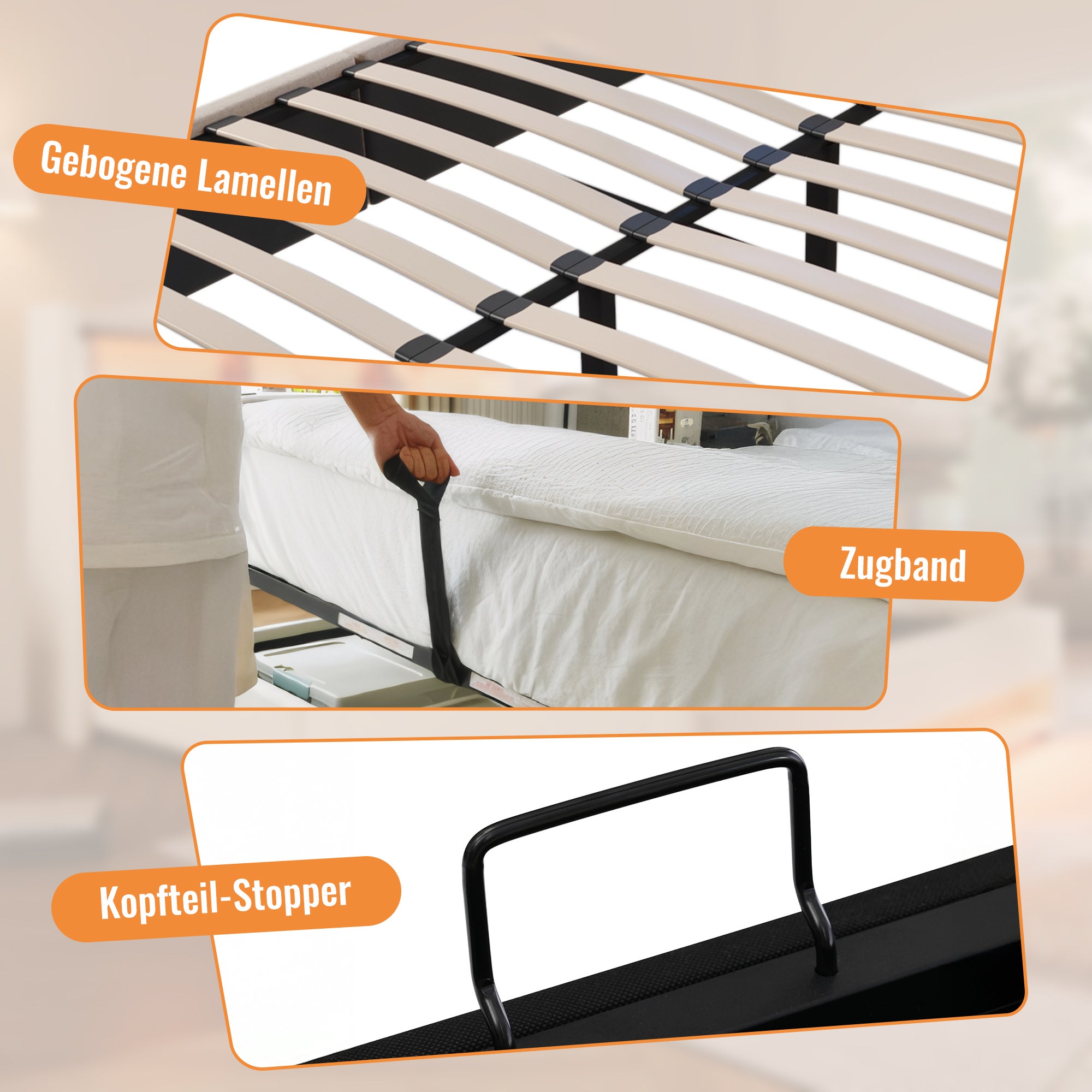 Lit coffre 140 x 190 cm avec porte-gobelet caché et station de charge - Tissu en lin et sommier à lattes - Beige (matelas non inclus) - 3