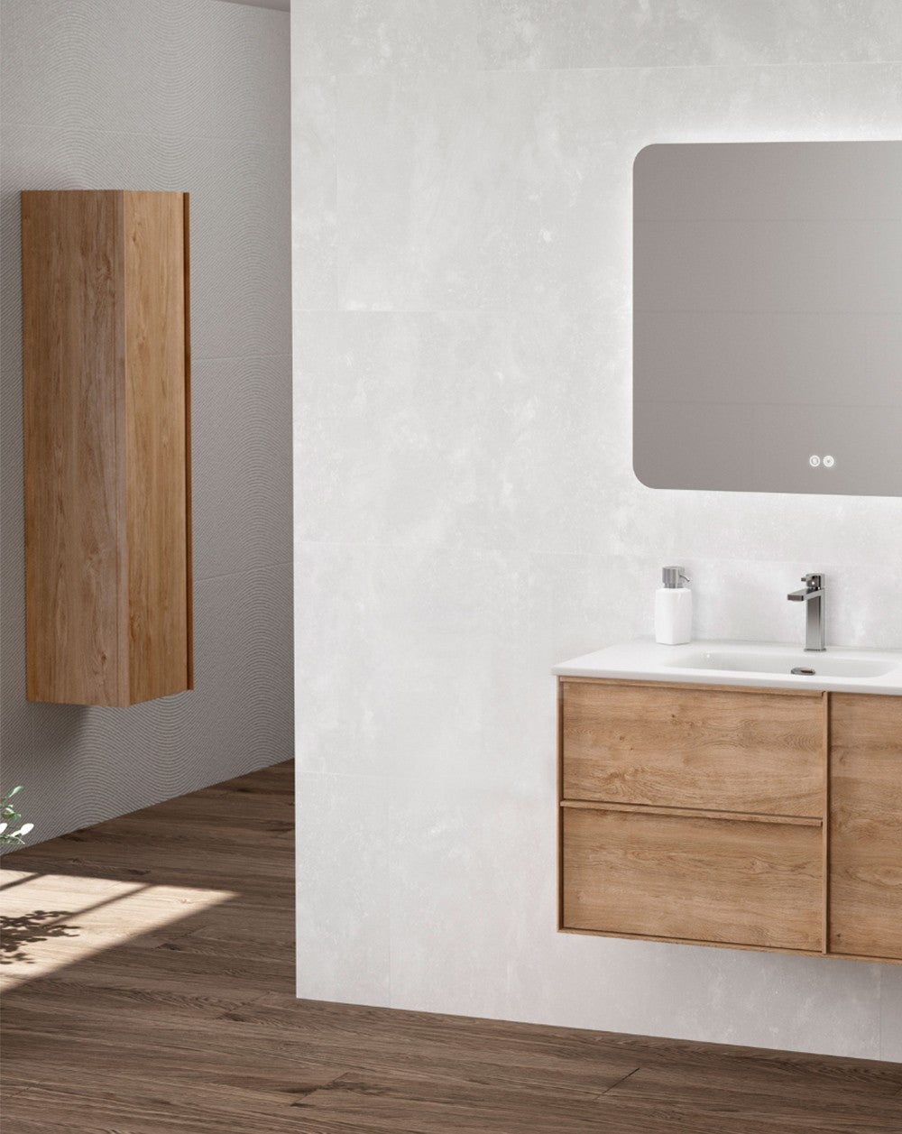 Porta 1 della colonna del bagno sospeso | 140 x 34,9 x 32cm | Armadietto alto per bagno appoggiato | Quercia naturale - 2