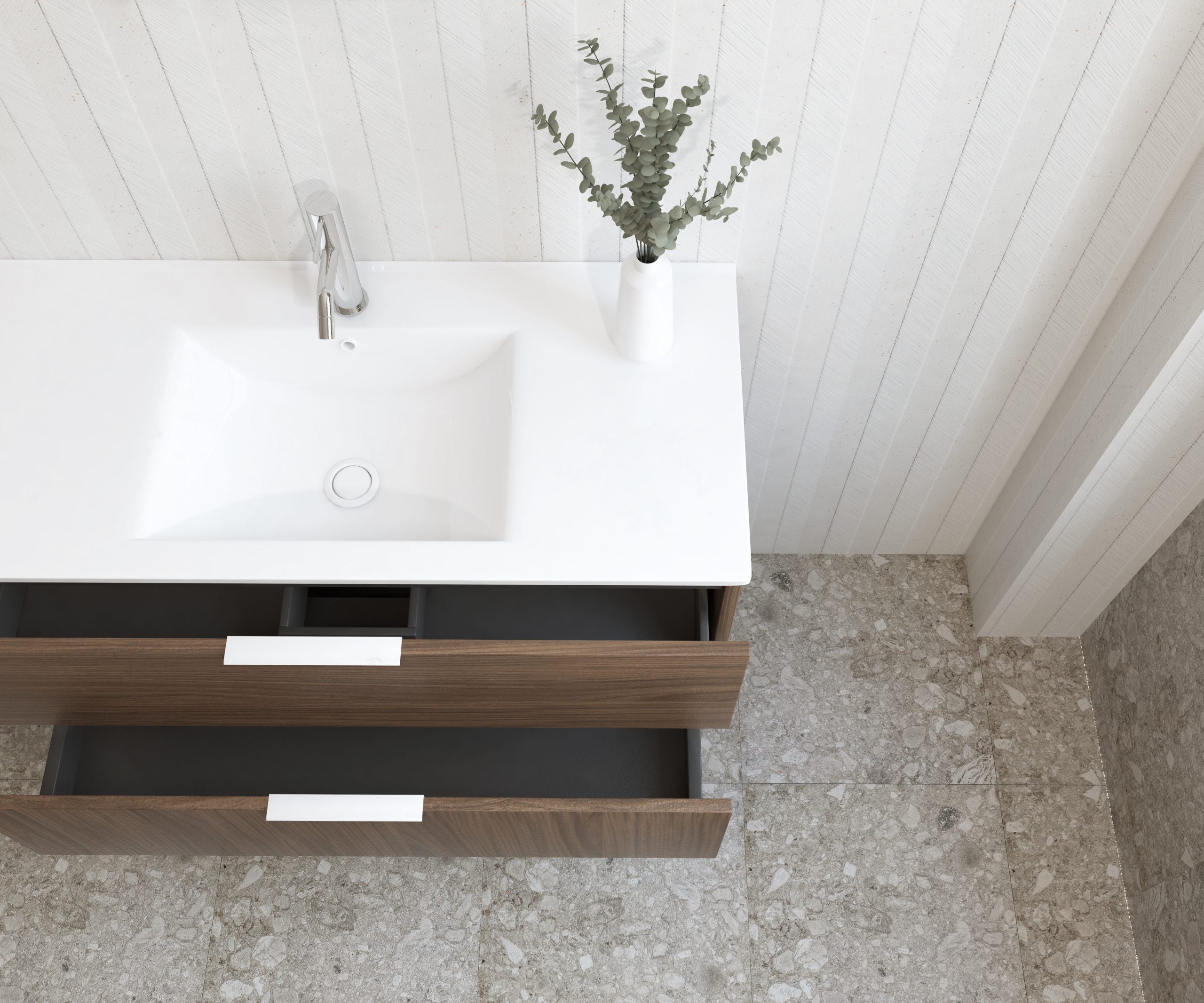 Meuble de salle de bain Mapau Pack avec lavabo et miroir rond SAVART noyer 100cm - 3