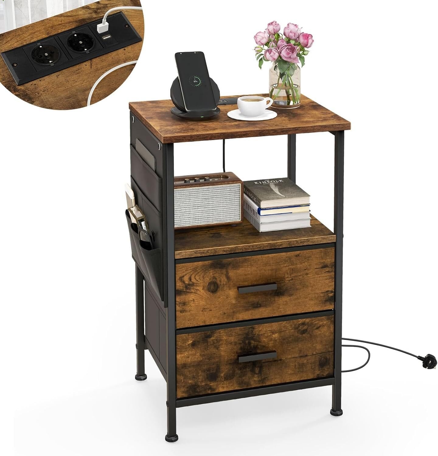 Stoły Pomocnicze na Nóżkach, Stolik Nocny 38 x 30 x 60 cm, 2 Półki i 2 Szuflady, 6 Kieszeni Bocznych, 2 Gniazdka i 2 Porty USB