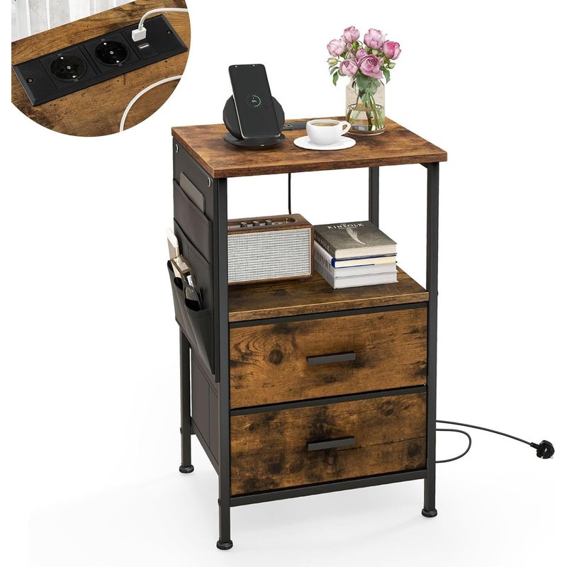Stoły Pomocnicze na Nóżkach, Stolik Nocny 38 x 30 x 60 cm, 2 Półki i 2 Szuflady, 6 Kieszeni Bocznych, 2 Gniazdka i 2 Porty USB