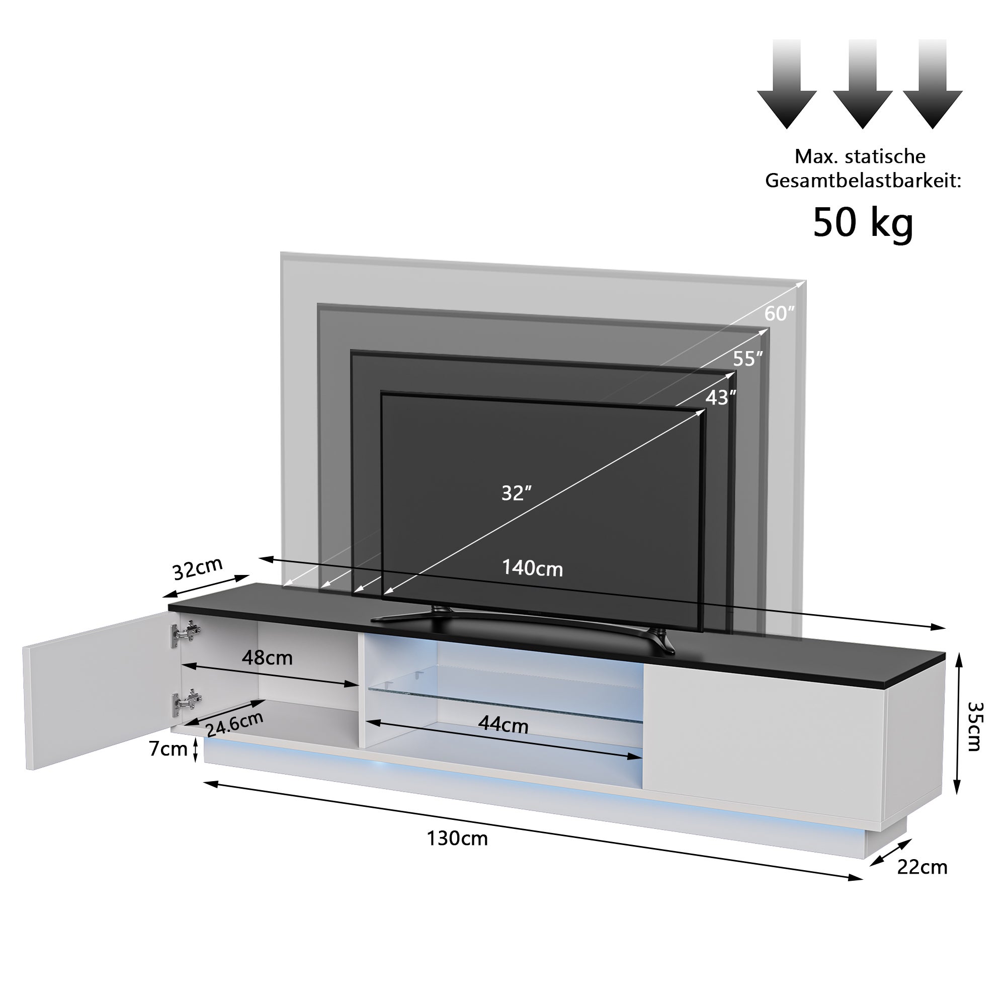Meuble TV Blanc,Meuble TV Bois avec 2 Portes de Rangement et Étagères en Verre Intégrées,Meuble TV Led,TV Meuble Moderne,130x32x35cm,Blanc - 2