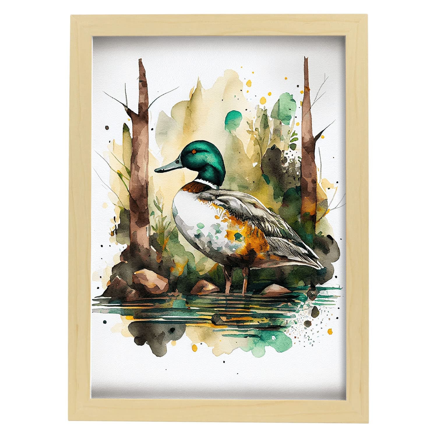 Nacnic poster de pato en estilo acuarela ilustraciones a todo color de animales salvajes en la naturaleza y a3 con marco de madera clara