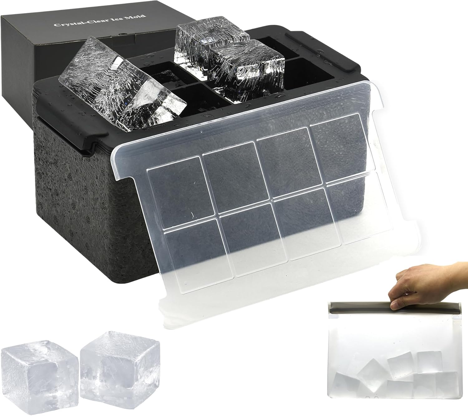 Máquina de hielo gigante transparente de 2 pulgadas, 8 cubitos de hielo grandes transparentes para whisky y cócteles con bolsa de almacenamiento